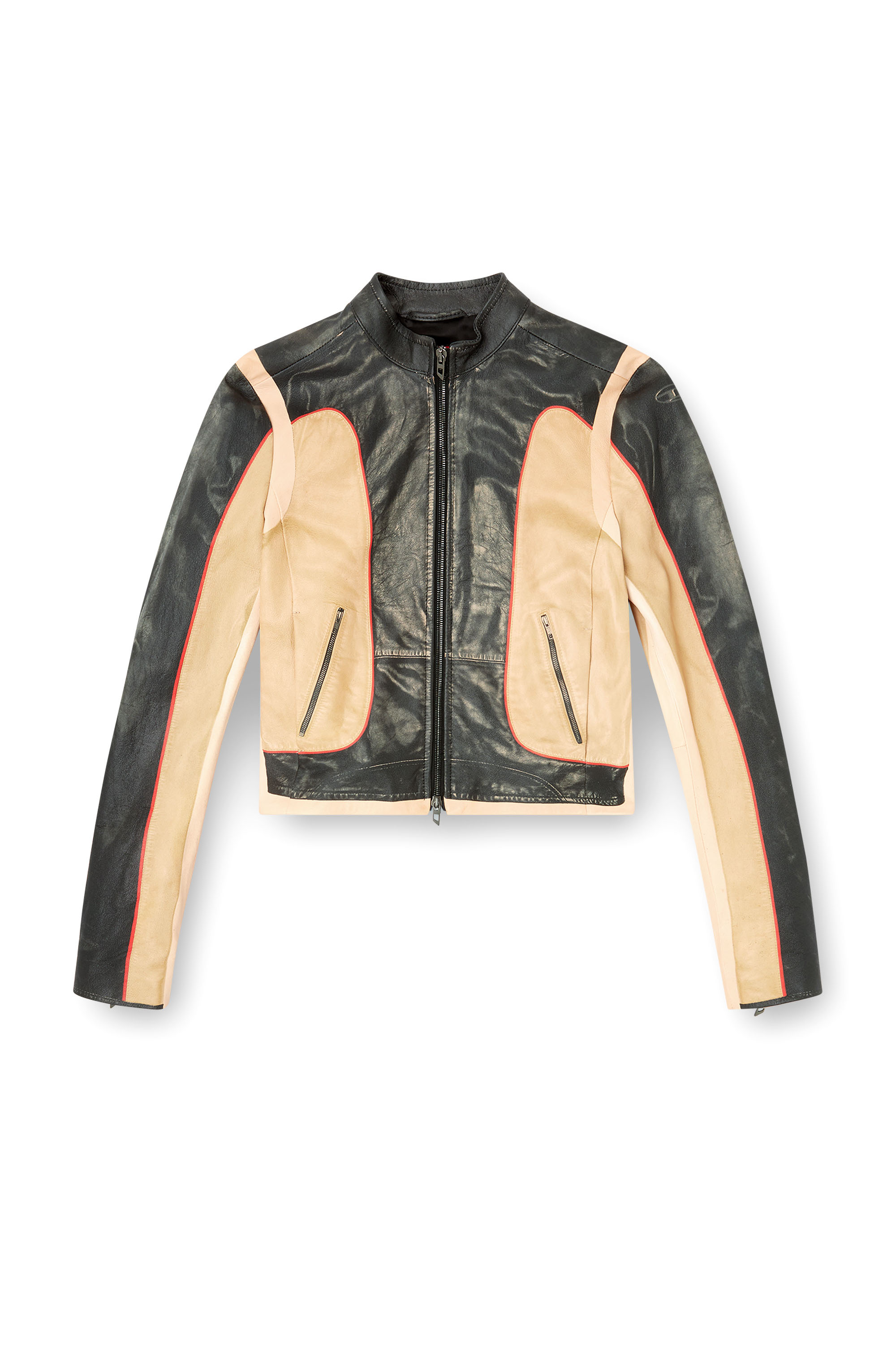 L-OONIE, Beige/Black Diesel - L-OONIE, Woman's Trompe l'oeil-effect leather biker jacket in Beige/Black - 2