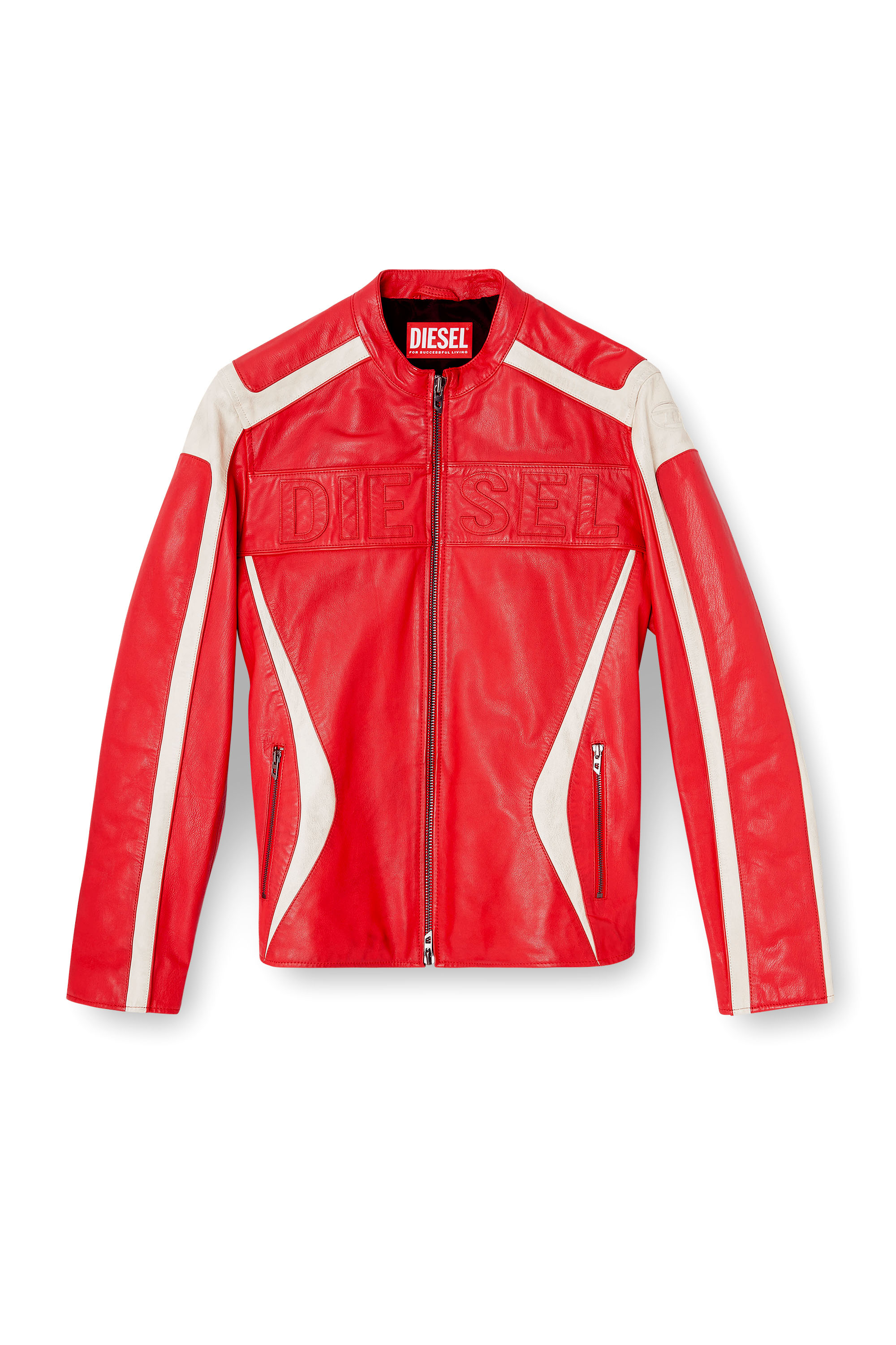 Diesel - L-ADAM, Man's Colour-block leather biker jacket in Red/White - 3