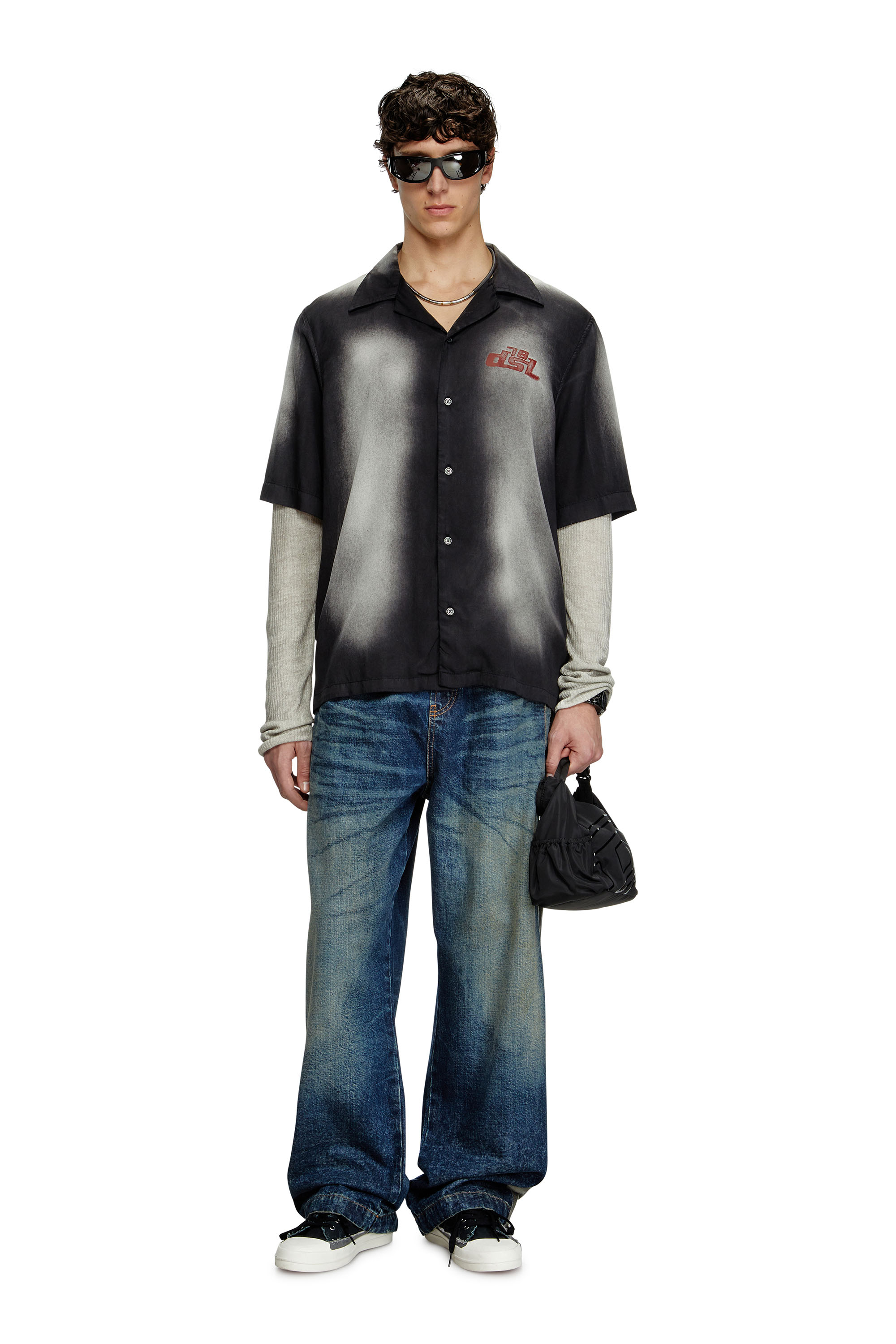 Diesel - S-ELLY, Man's Faded bowling shirt with logo prints in Black - 2