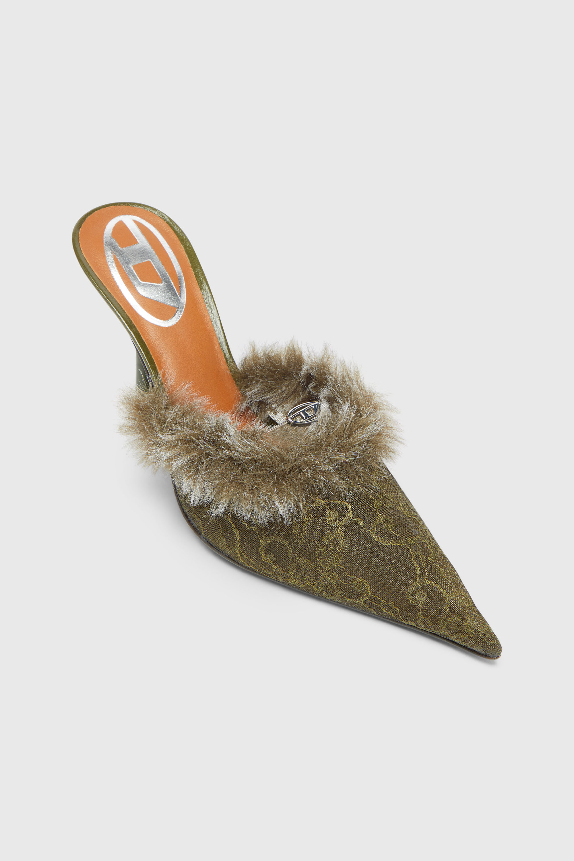 Diesel - D-JEWELS  MULE FUR 90, Woman's D-Jewels - Mules in nylon with fuzzy trim in Military Green - 6