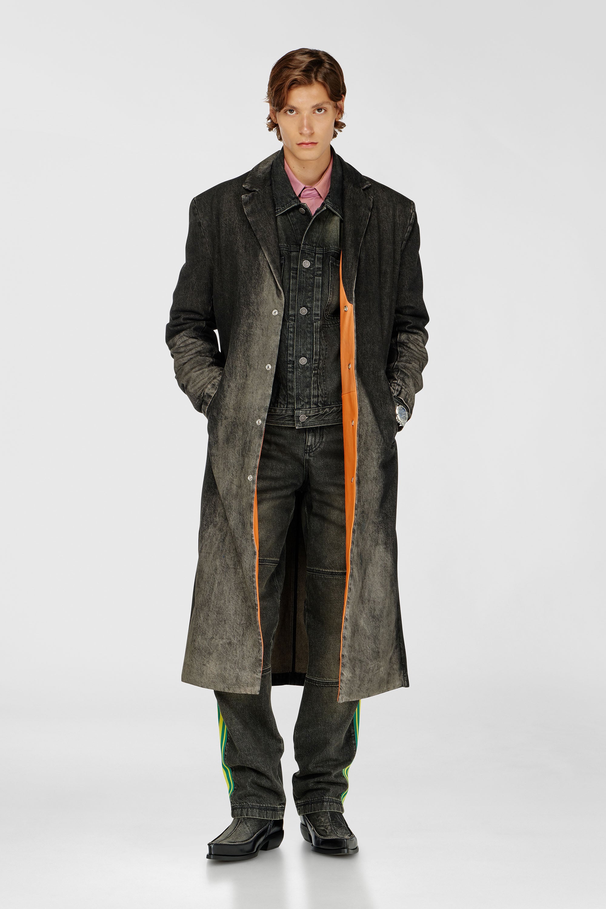 Diesel - D-IANCH-FSJ, Unisex's Long coat in dirty-effect denim in Black - 2