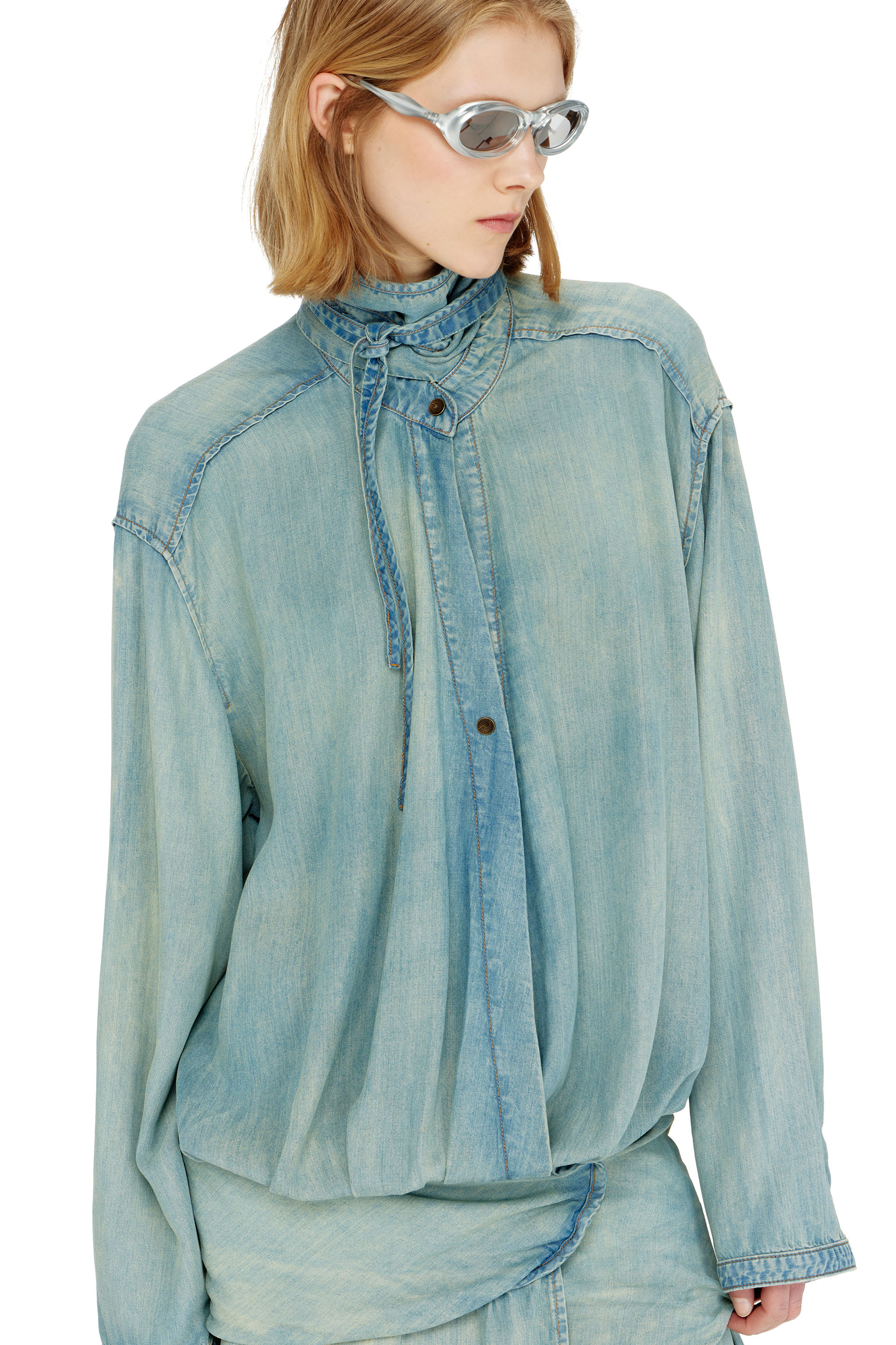 Diesel - DE-TILORA-S, Woman's Oversized draped denim shirt dress in Light Blue - 4