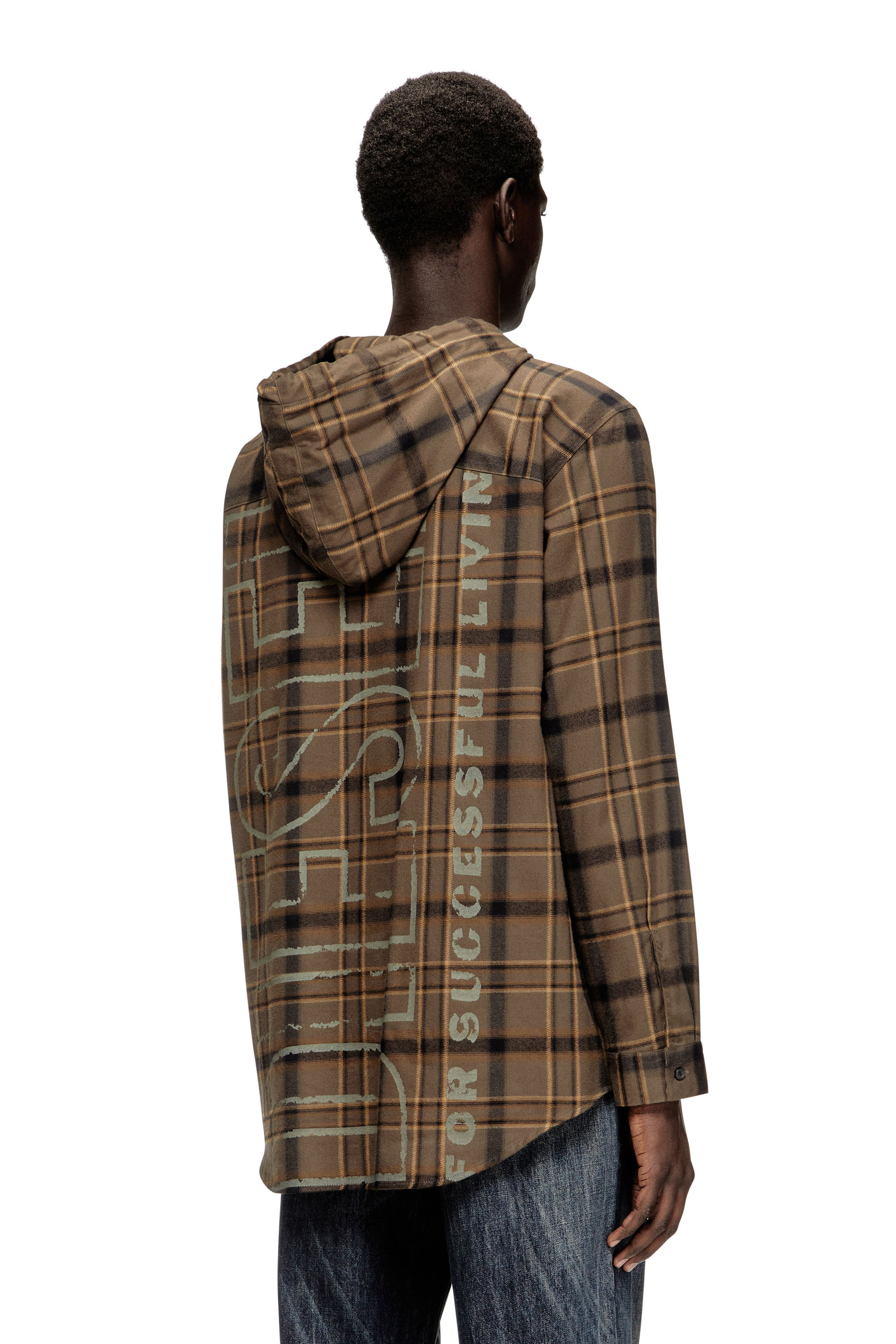 Diesel - S-IX, Man's Hooded shirt in check flannel with logo in Brown - 4