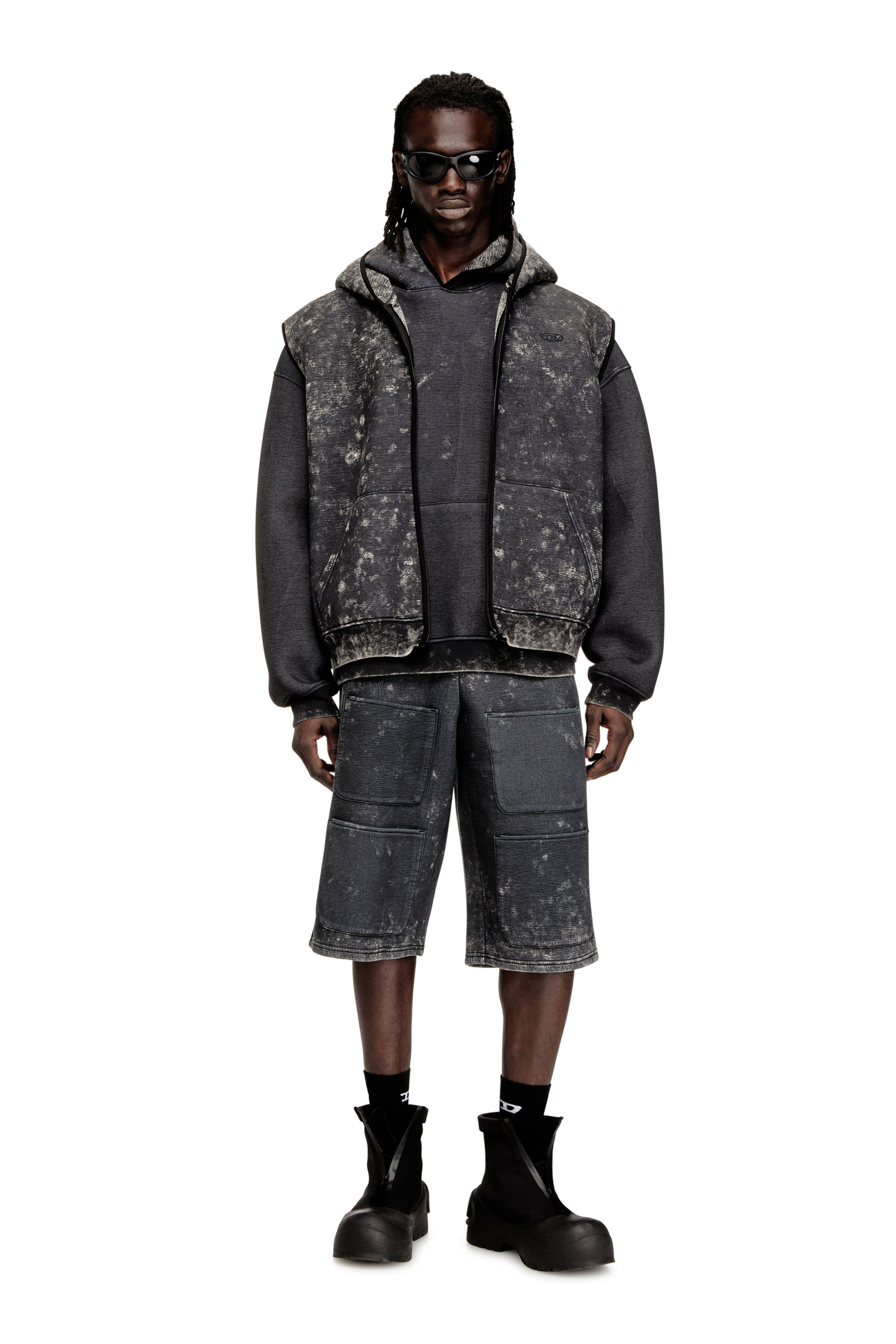 Diesel - S-TYP, Unisex's Wide-leg shorts in marble-effect scuba in Black/Dark grey - 6