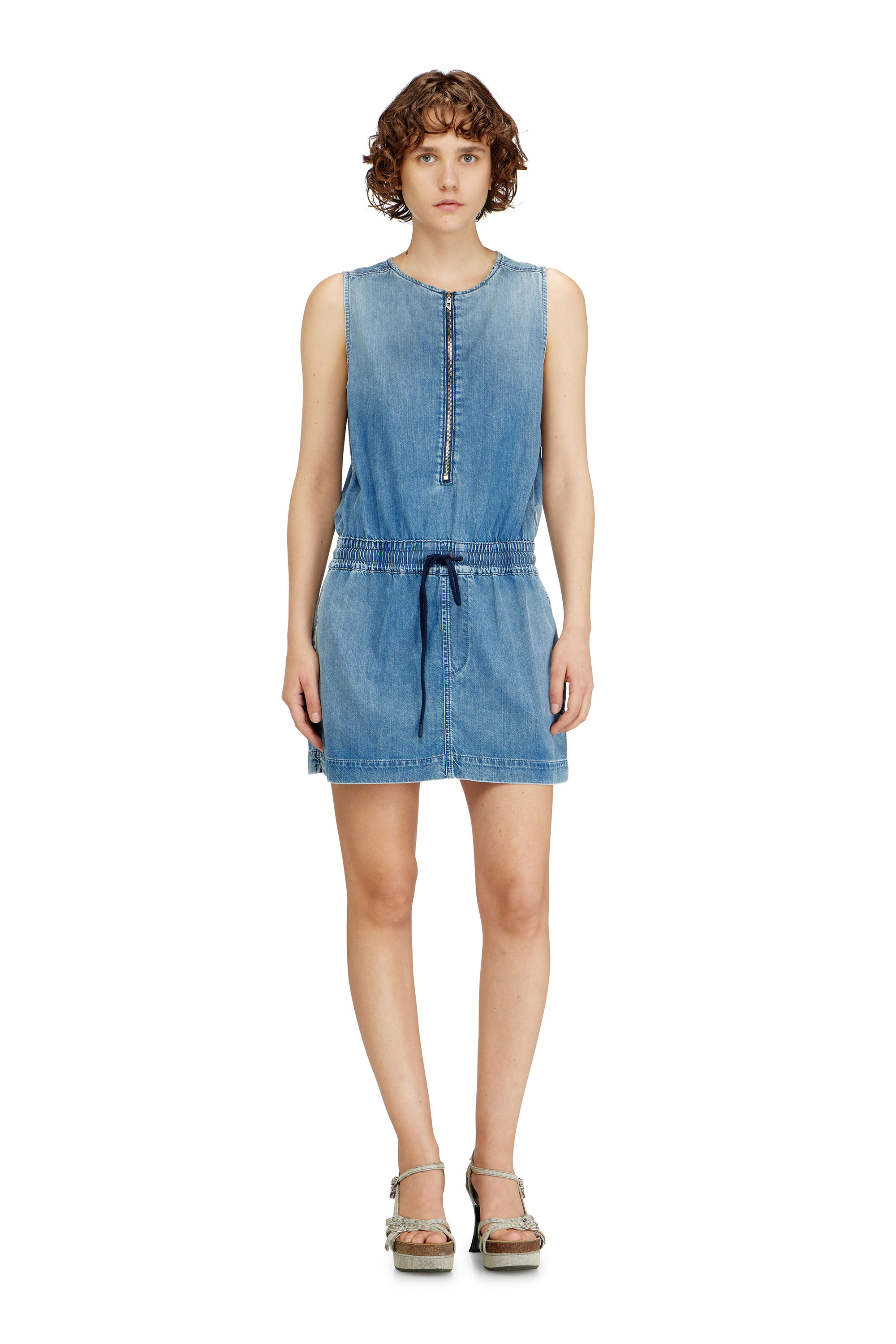 Diesel - DE-SLAM-S, Woman's Fluid denim dress with drawstring waist in Melange Blue - 2