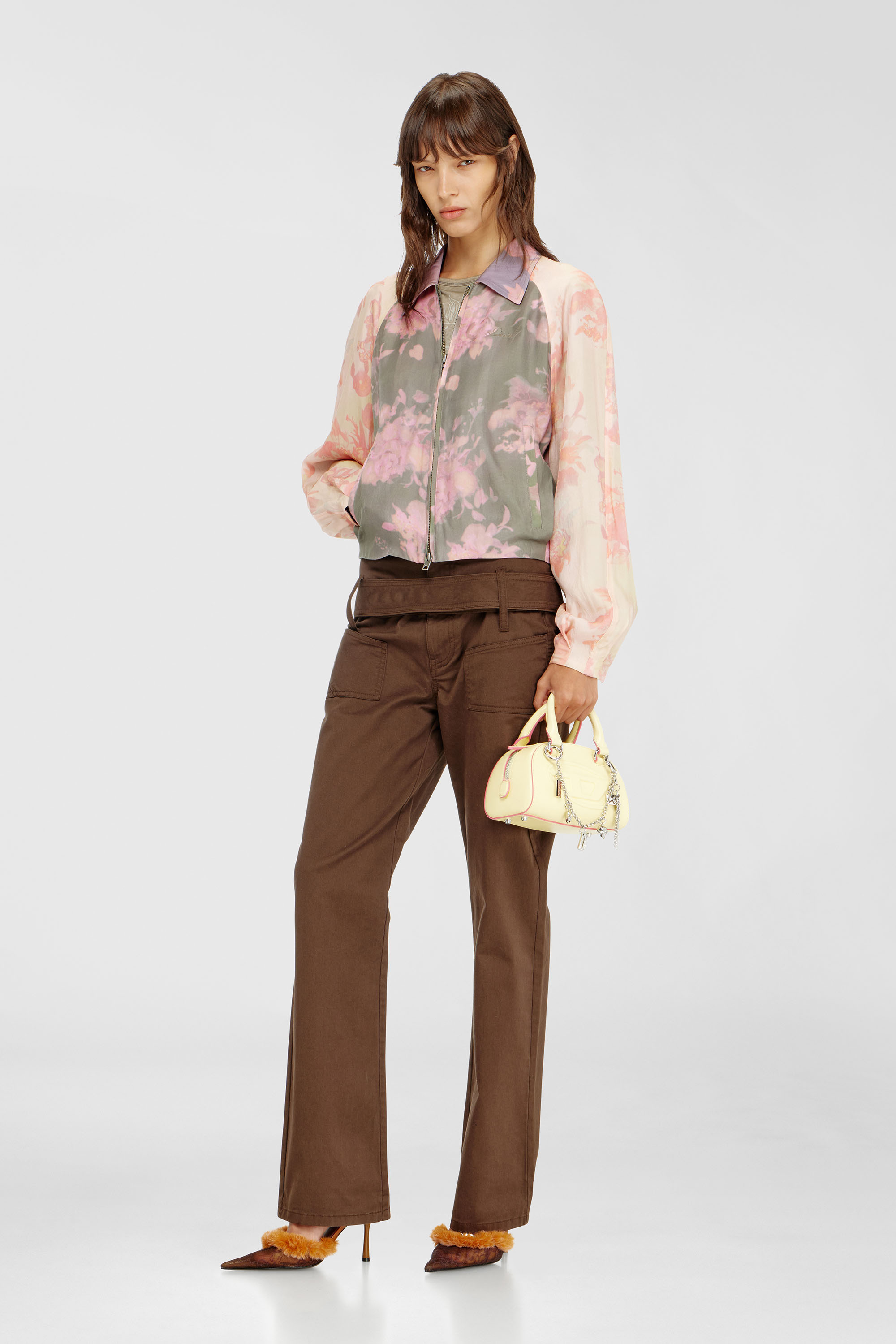 Floral bomber jacket in crinkled acetate