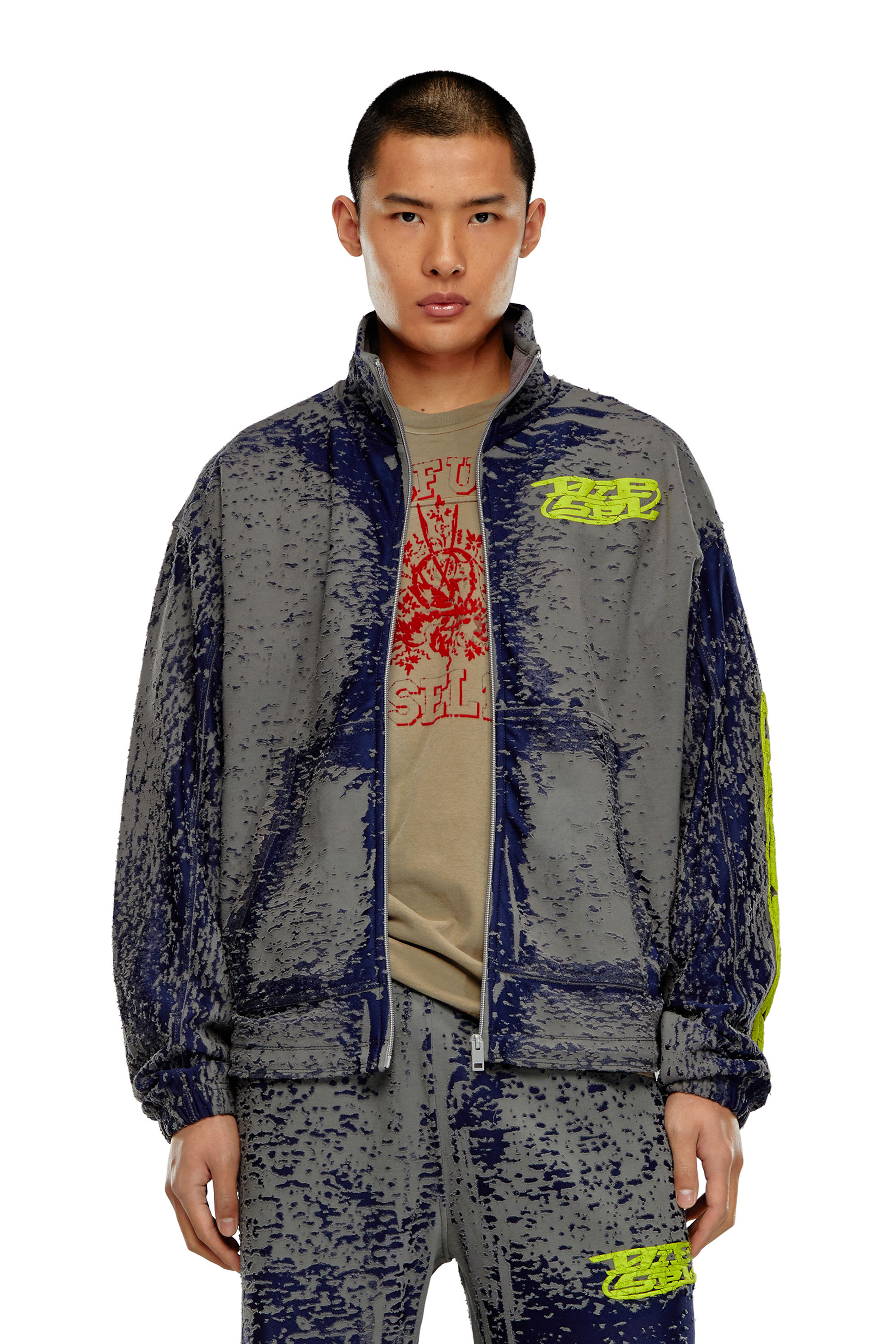 Diesel - S-ALUTE-LZ, Man Track jacket in burn-out jersey in Blue - Image 1