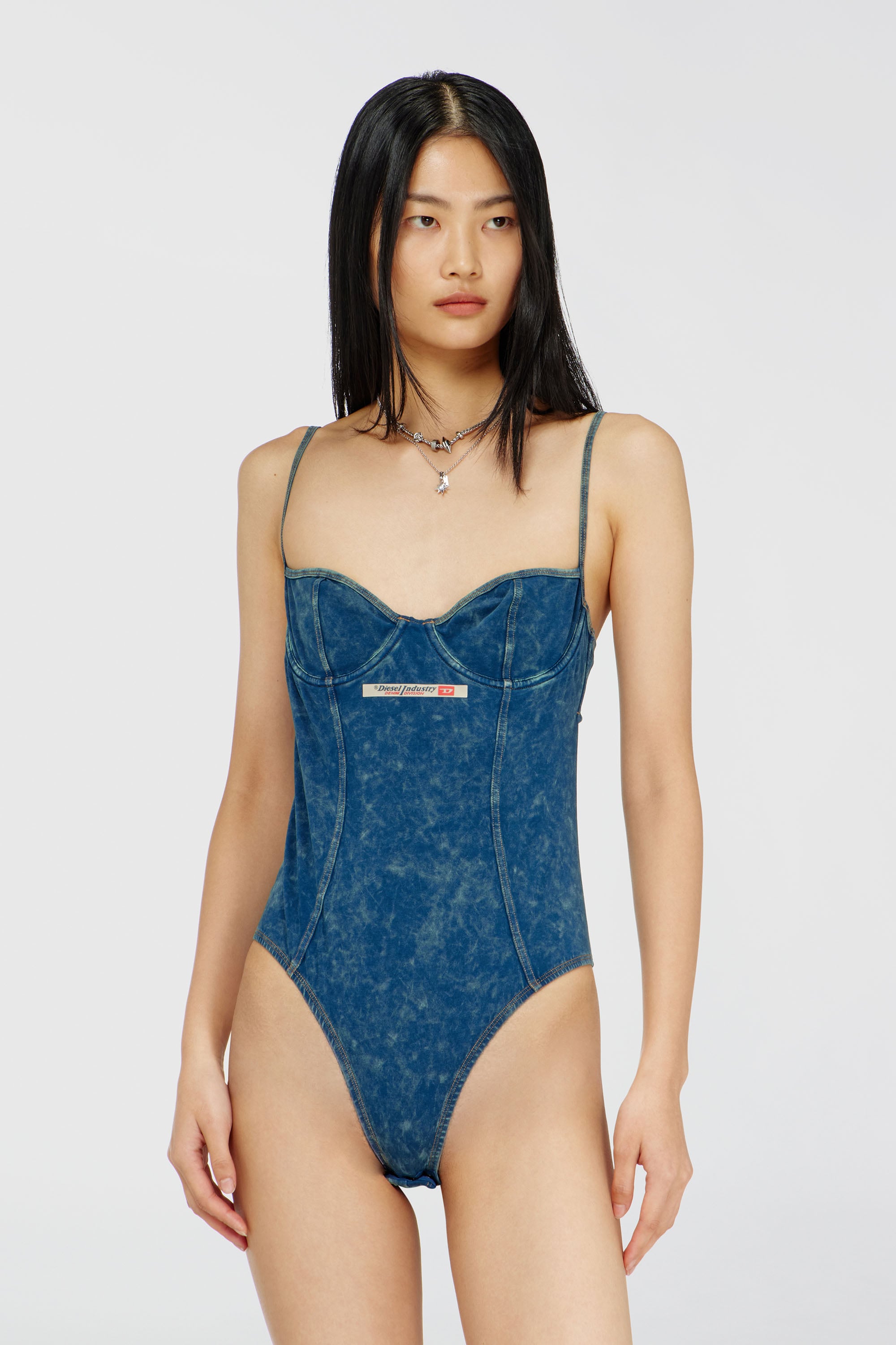 Diesel - TILDA-DNM, Woman's Denim-effect bodysuit with back cut-out in Blue - 1