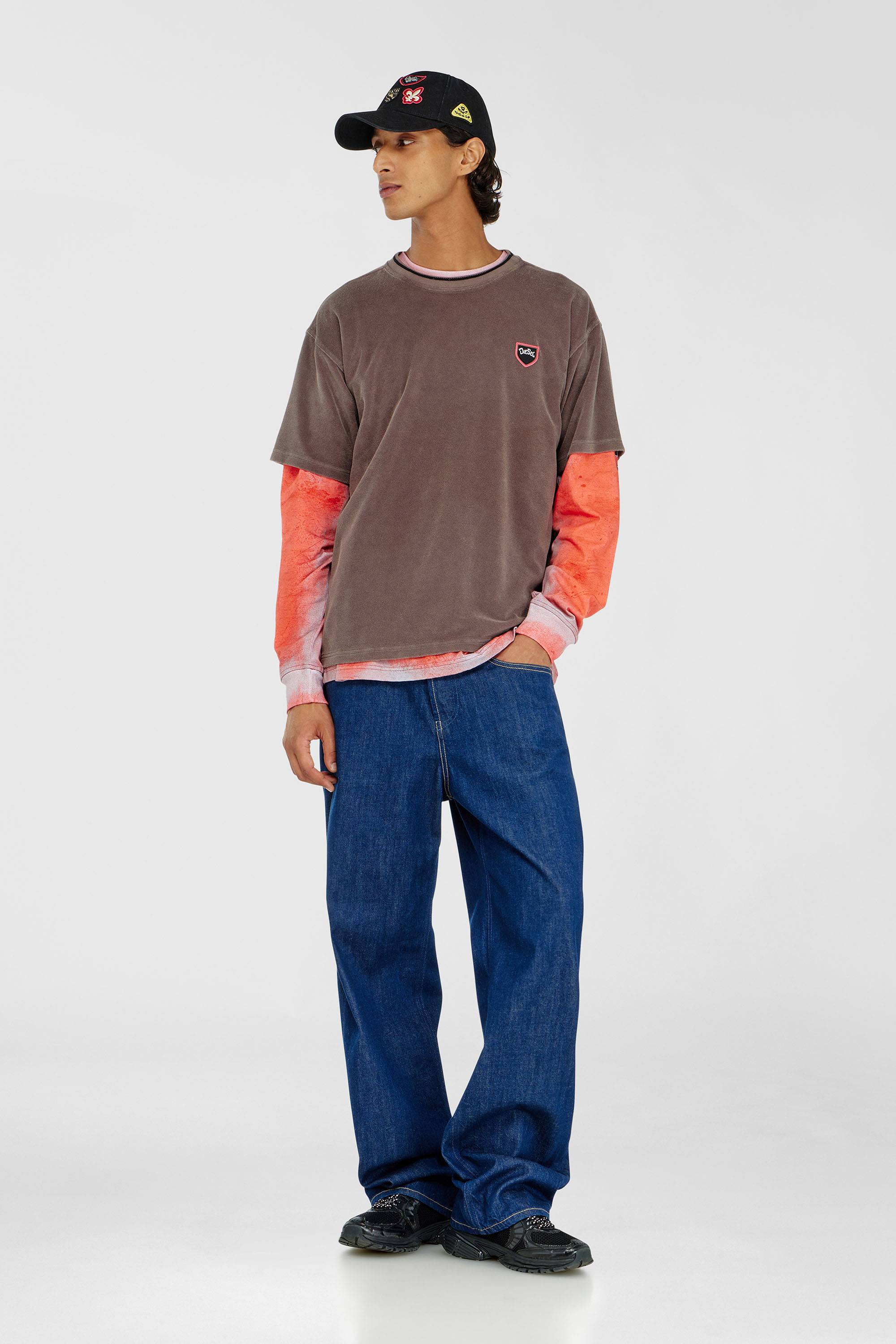 Diesel - T-SPONGY, Man's Chenille T-shirt with shield patch in Brown - 1