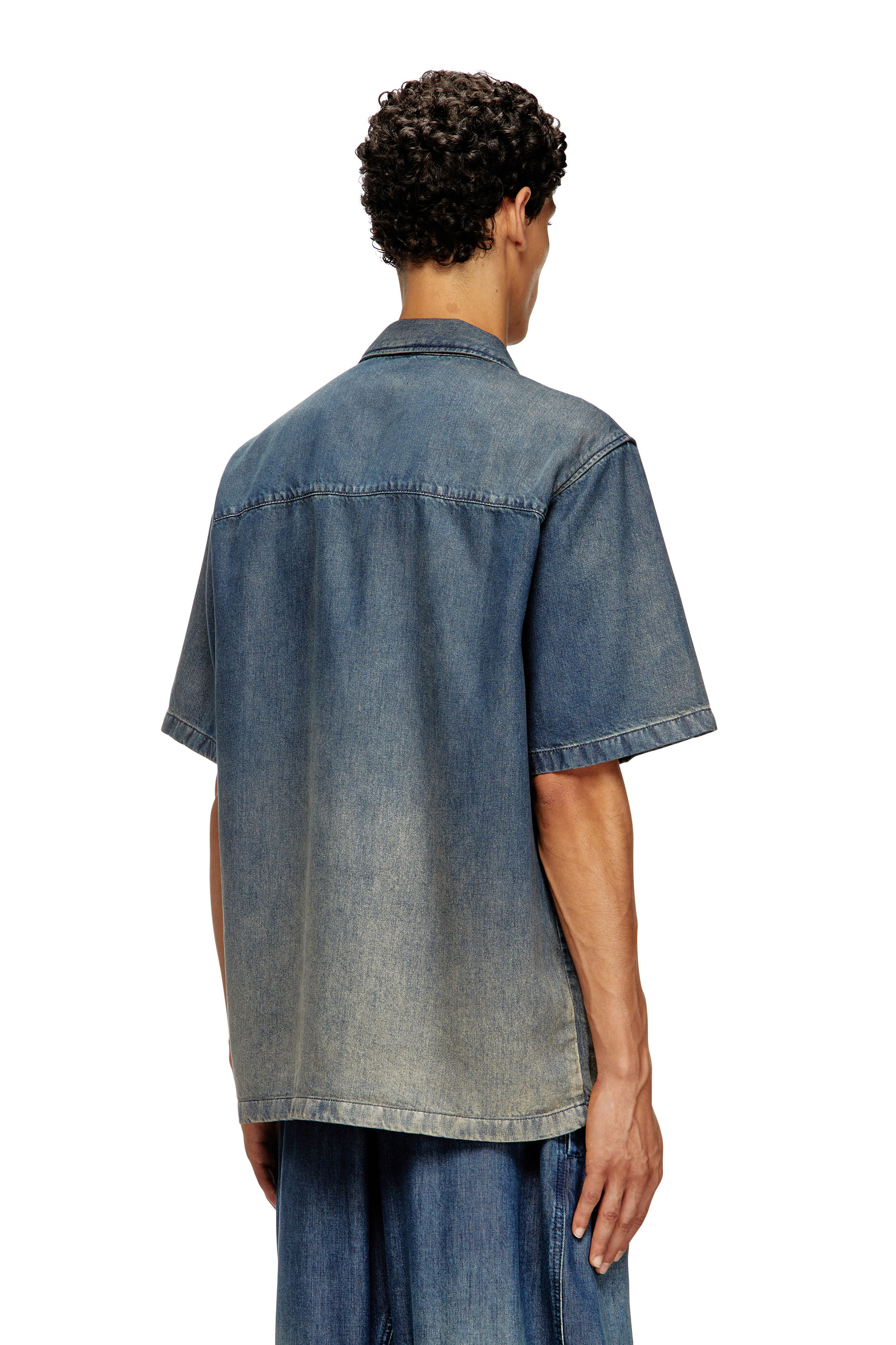 Diesel - D-NABIL-S3, Man's Bowling shirt in gradient fluid denim in Dark Blue - 4