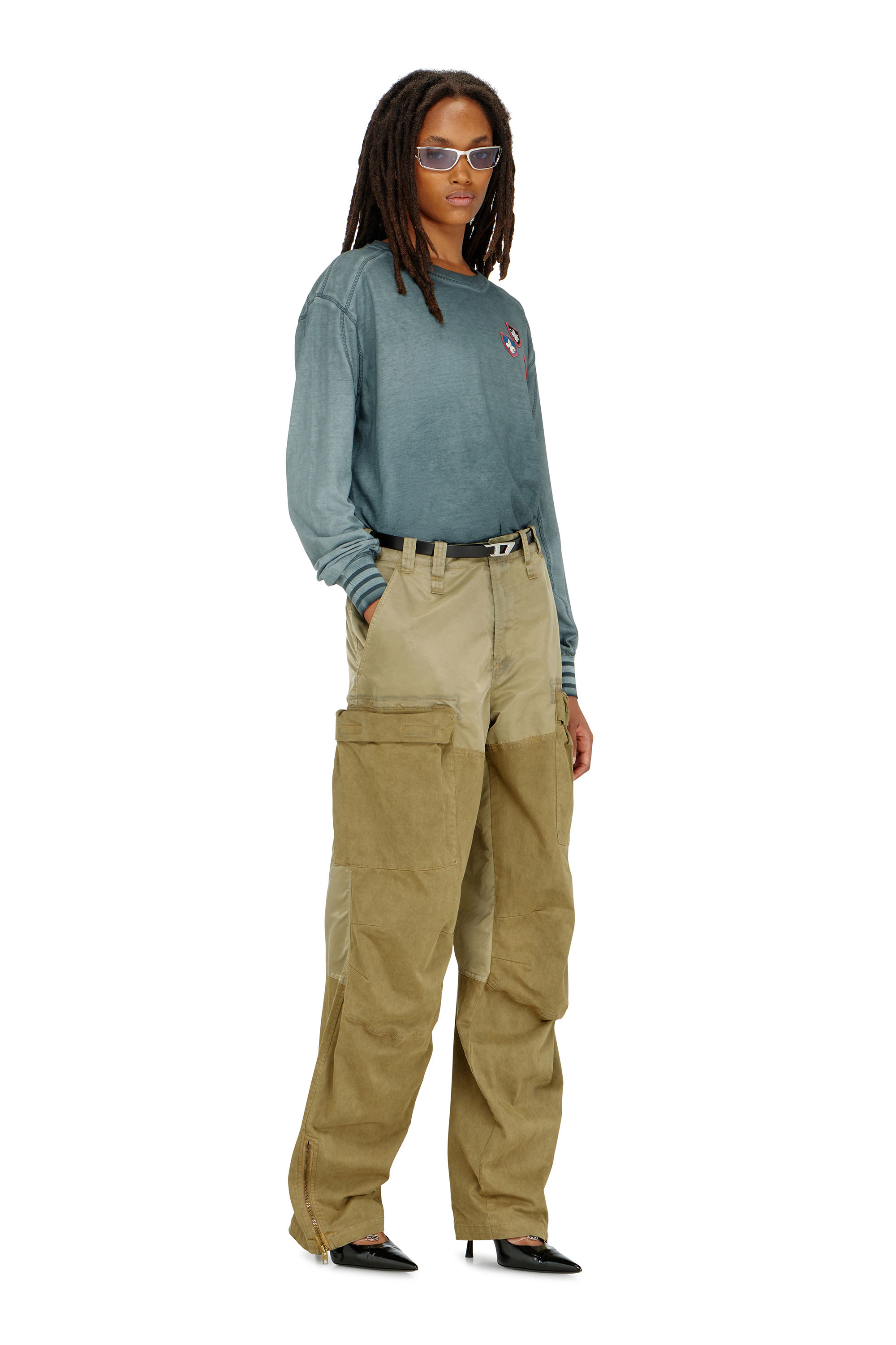 Diesel - T-BAWYE-LS, Woman's T-shirt with patches and microwaffle inserts in Blue - 2