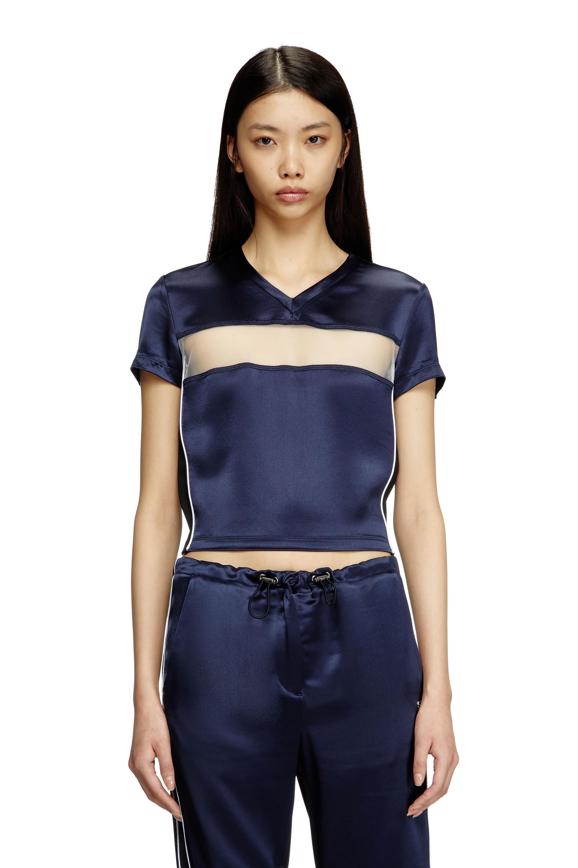 Diesel - T-RACE, Woman's Cropped T-shirt in satin, knit and tulle in Dark Blue - 1