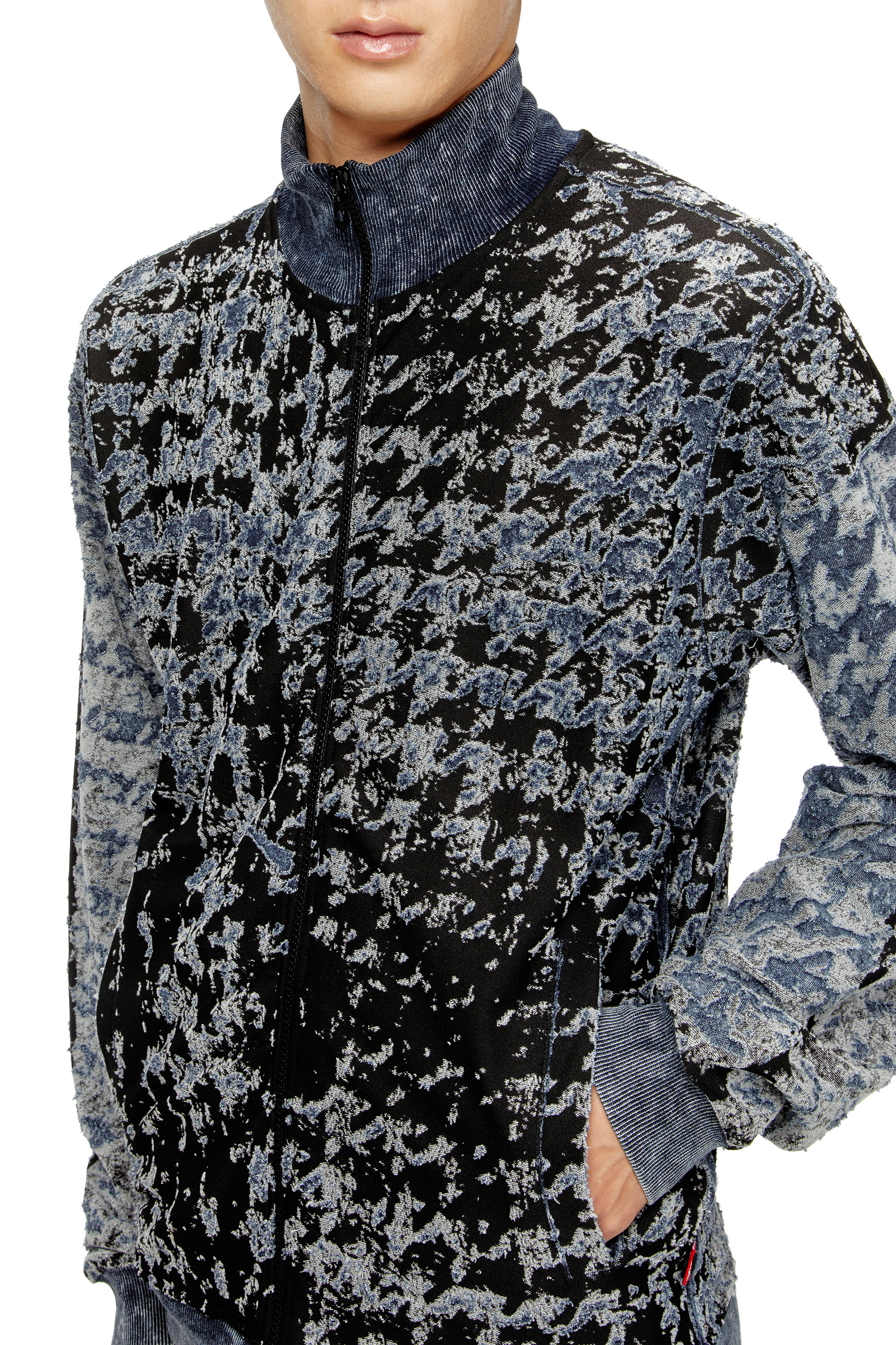 S-CORR, Black/Blue Diesel - S-CORR, Man's Devoré houndstooth zip-up top in Black/Blue - 5