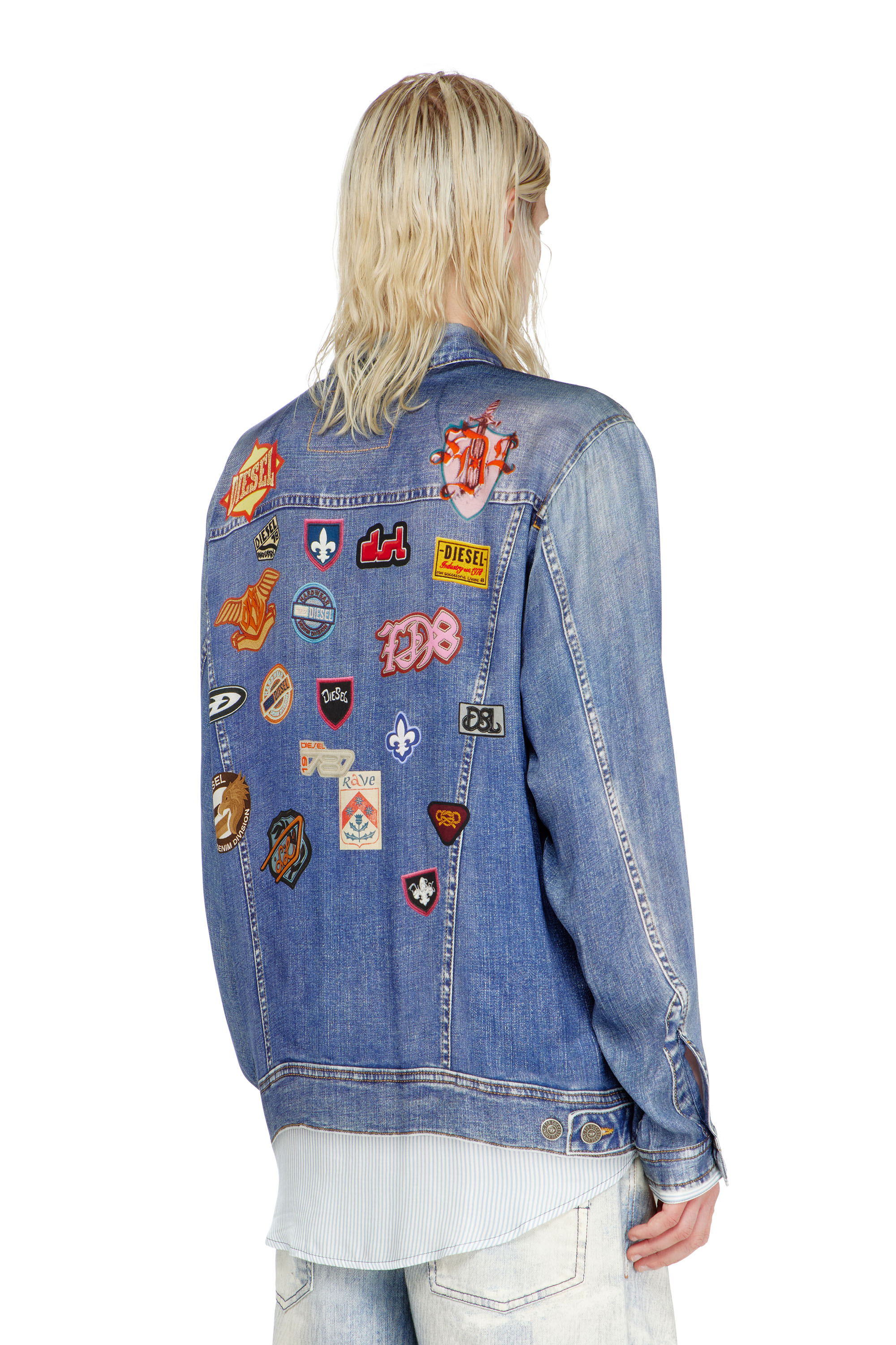 Diesel - S-SIMPLY-PATCH, Man's Satin shirt with trompe-l'oeil denim print in null - 4