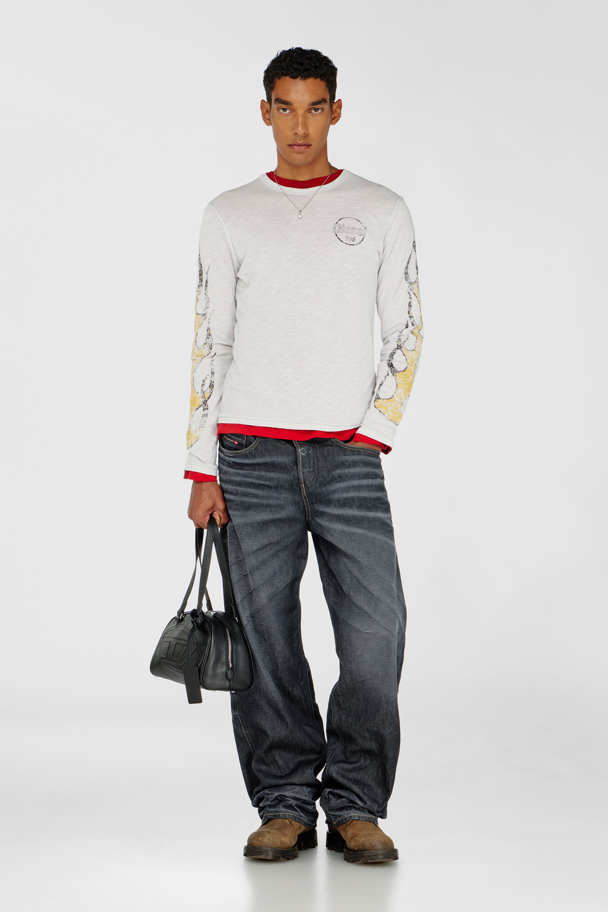 Diesel - T-NOTS-LS, Man's Long-sleeve T-shirt in slub jersey with crack print in White - 2