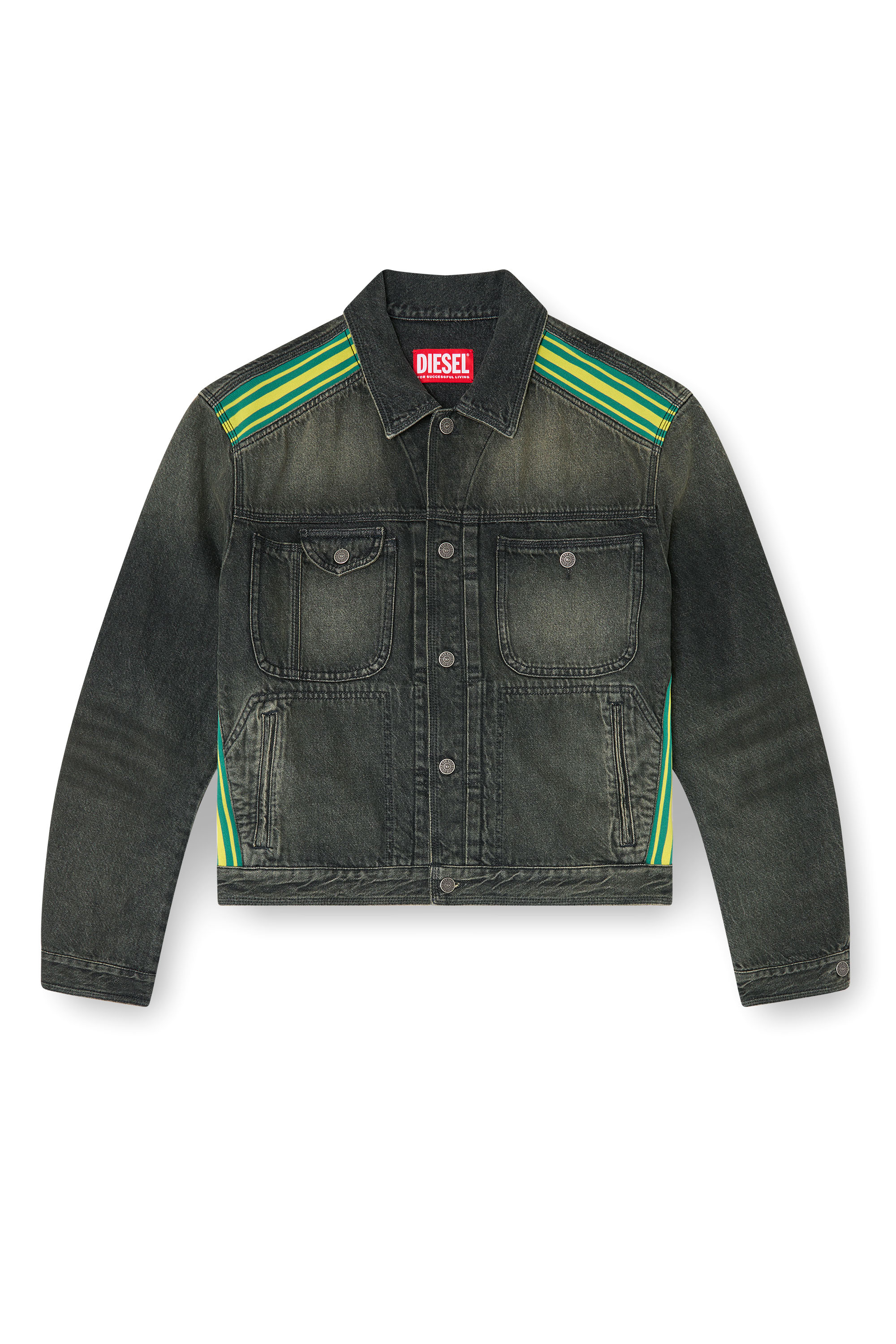 Diesel - D-BAS-FSJ1, Man's Trucker jacket with striped shoulder bands in Black/Dark grey - 4
