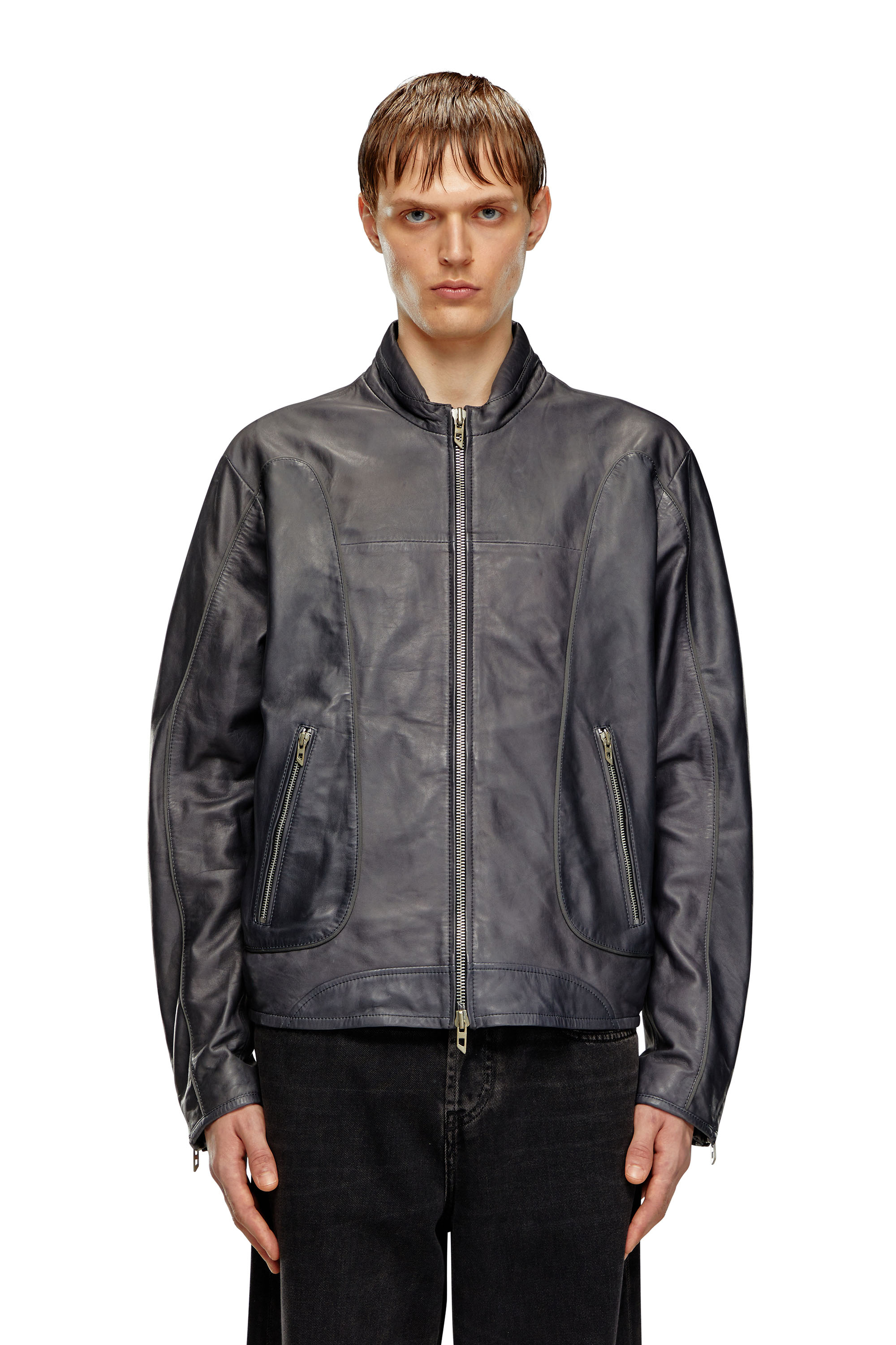 Diesel - L-KRIX, Man's Leather biker jacket with piping in Black - 6