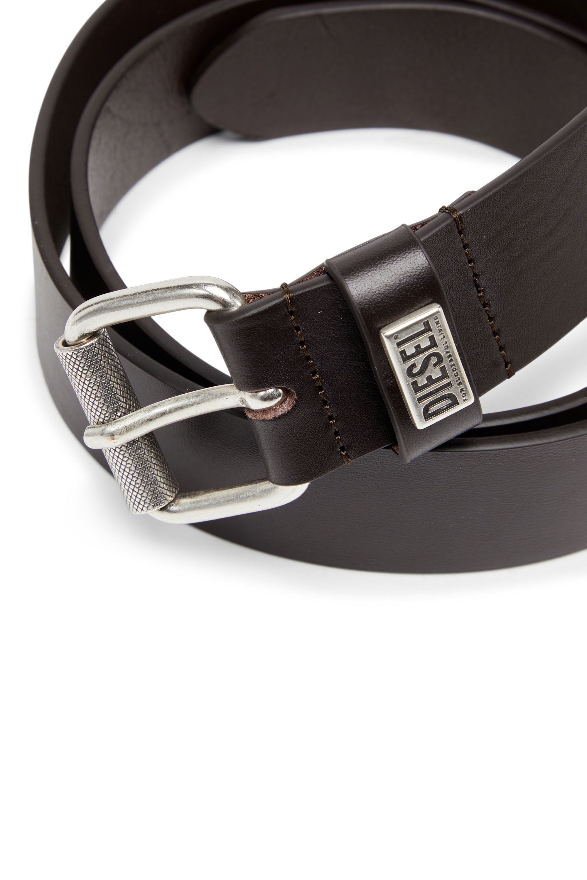 B-BISCOTTO-LOOP, Dark Brown Diesel - B-BISCOTTO-LOOP, Man's 3.5cm leather belt with logo plaque in Dark Brown - 3