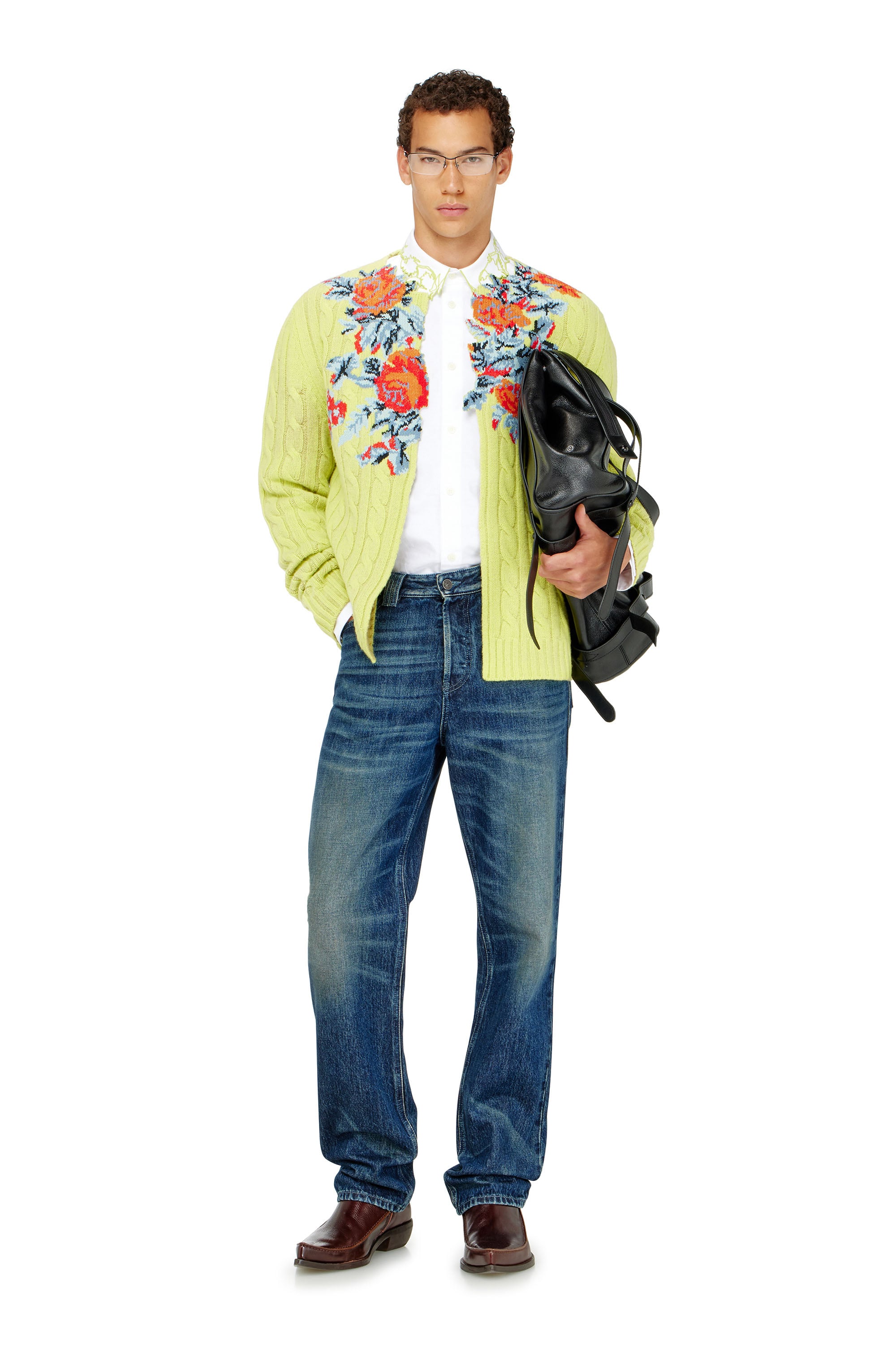 Diesel - K-RINO, Man's Open-front cardigan in floral cable knit in Green Fluo - 2