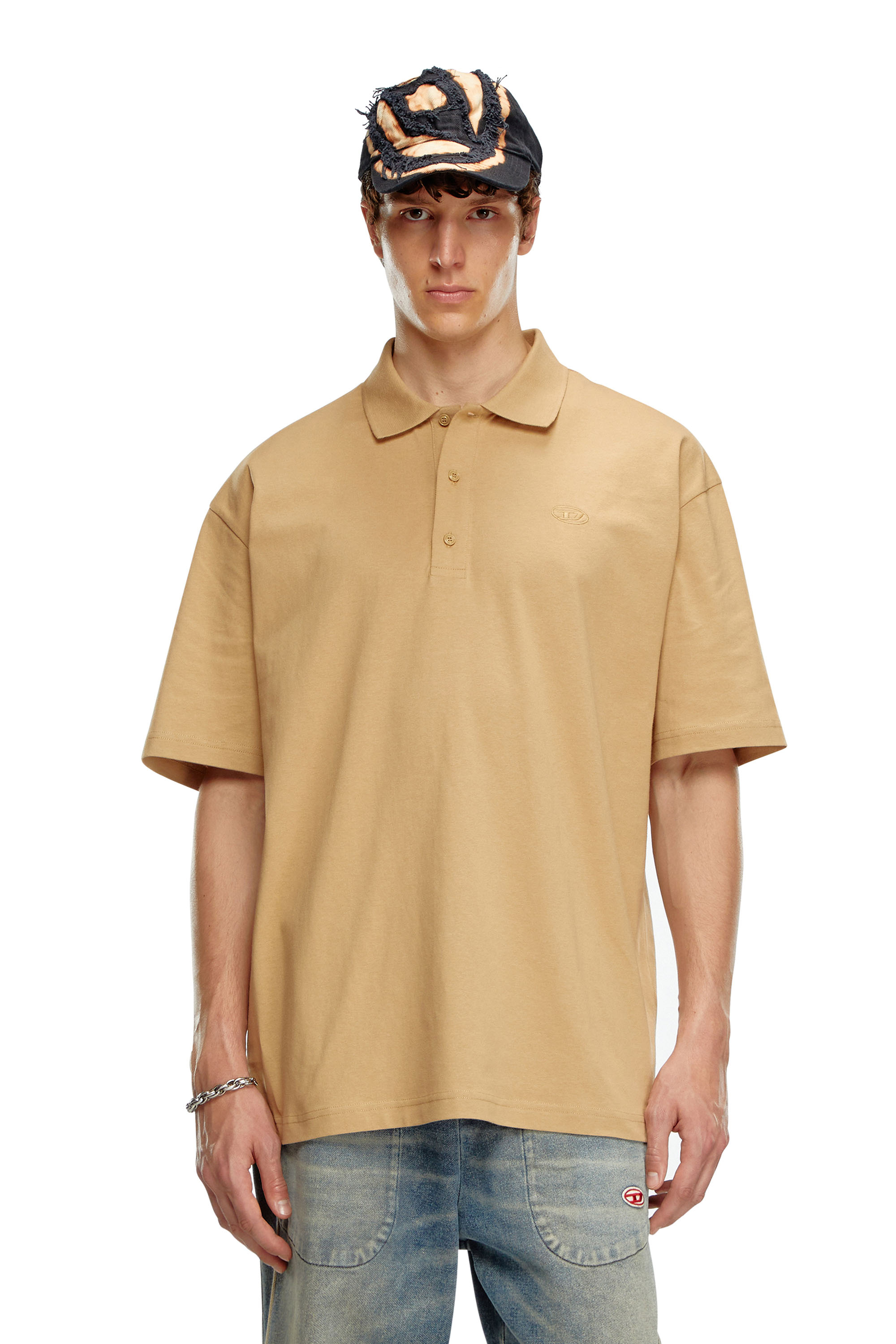 Diesel - T-VORT-MEGOVAL-D, Man's Polo shirt with maxi oval D embroidery in Light Brown - 1