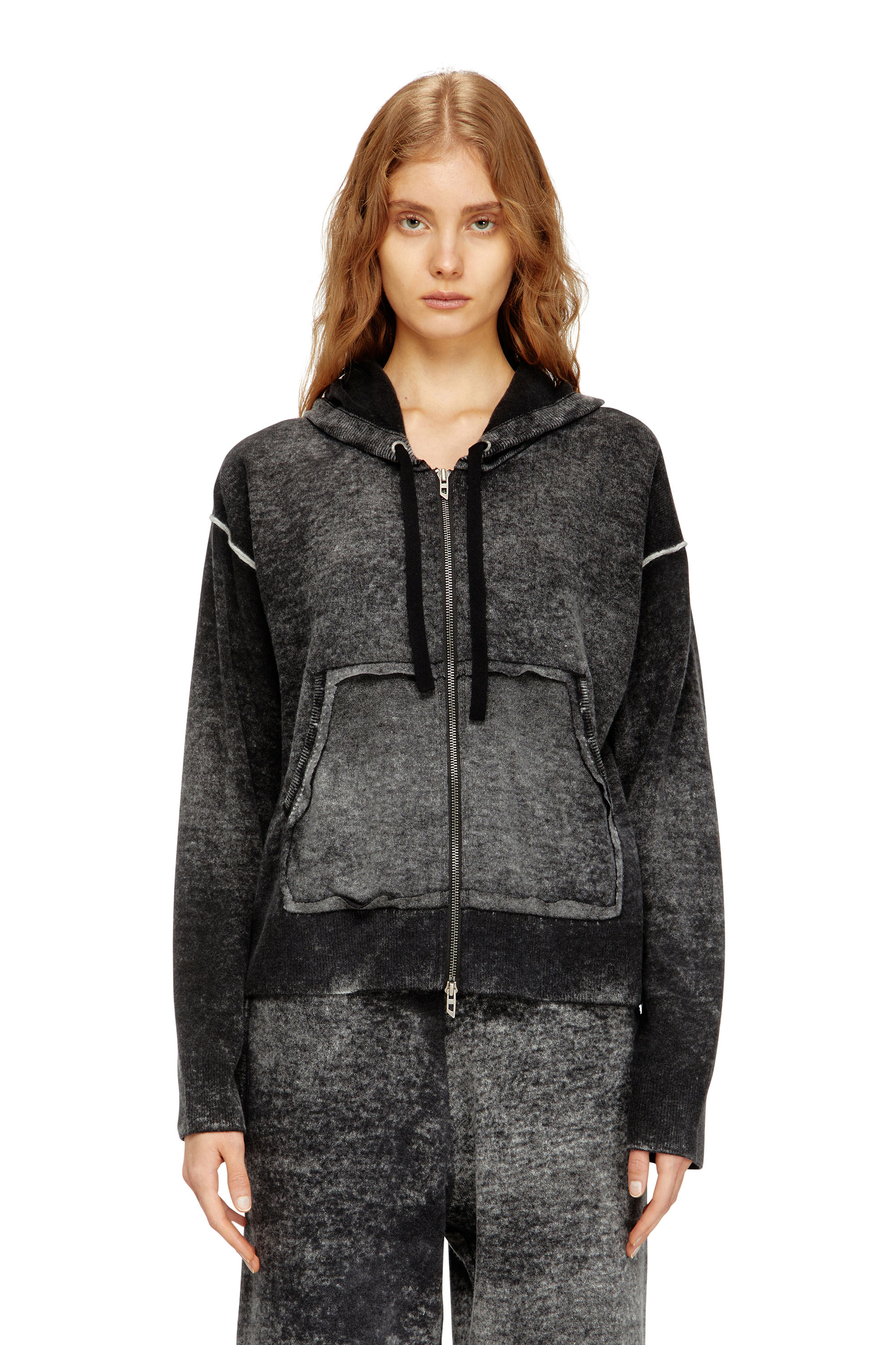 Diesel - M-HERMINE, Woman's Reverse-print hooded cardigan in wool in Black/Grey - 1