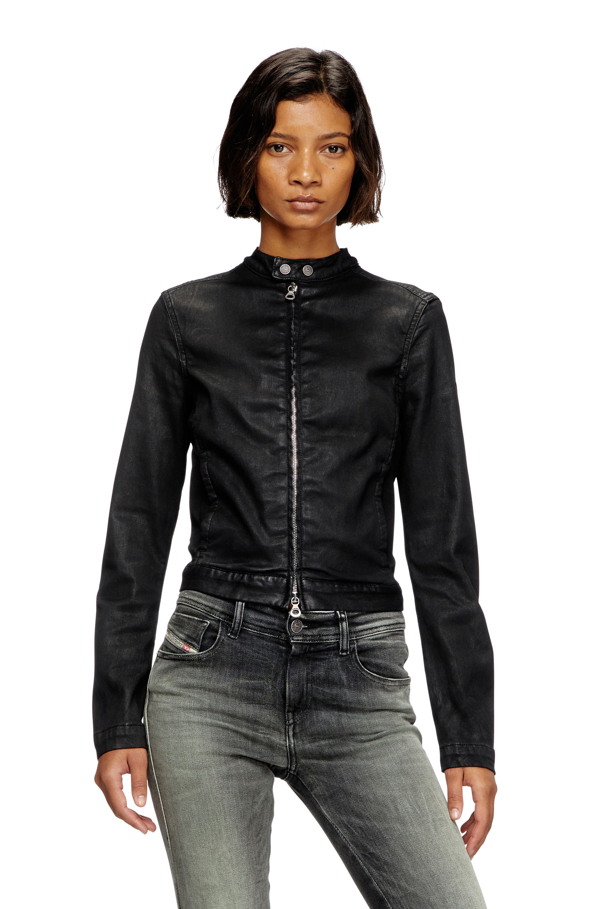 Diesel - DE-MORNIN JOGG, Woman's Moto jacket in coated denim in Black - 3