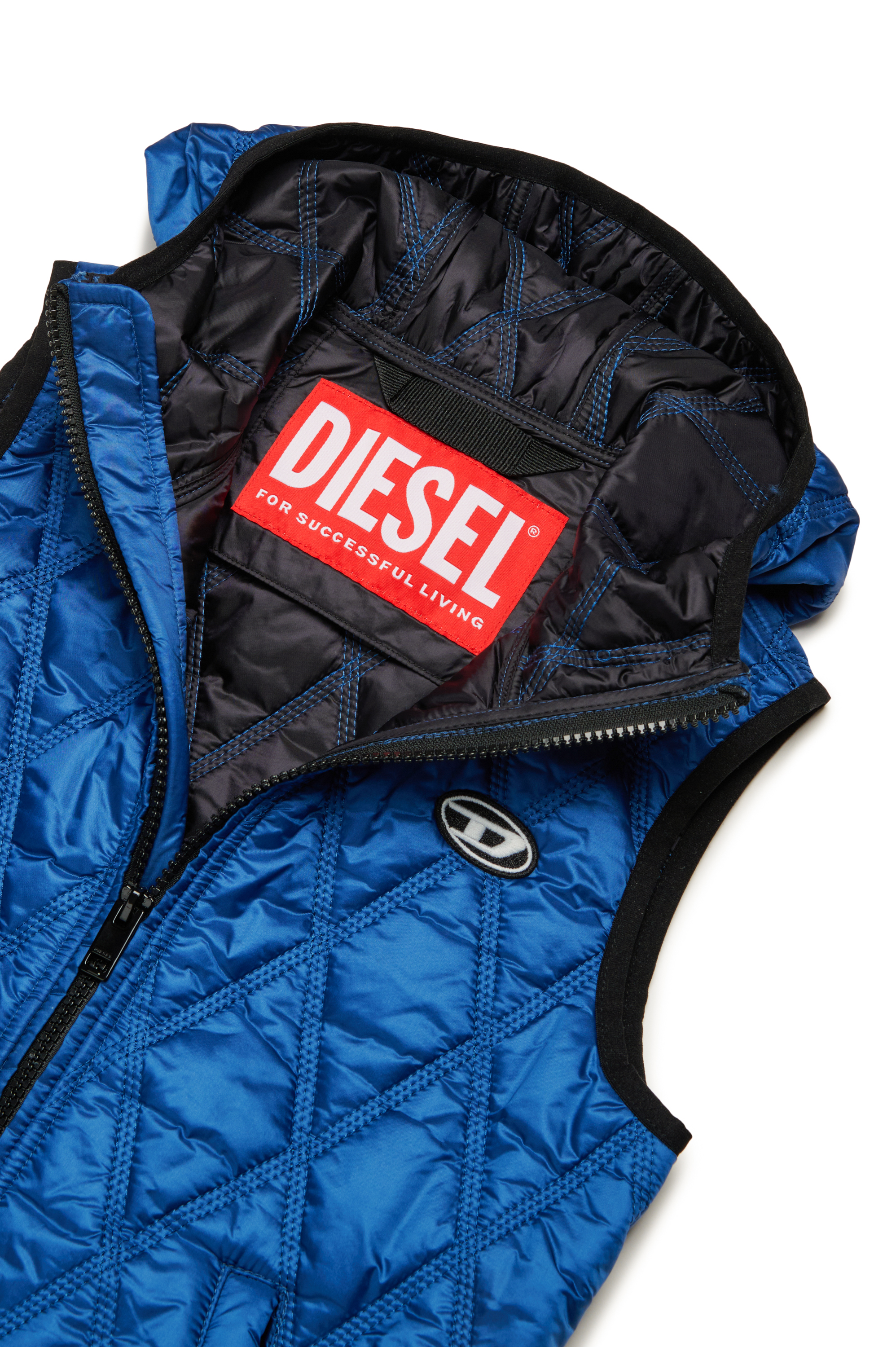 Diesel - JFOKKLOGO, Unisex's Hooded quilted nylon vest in Blue - 3