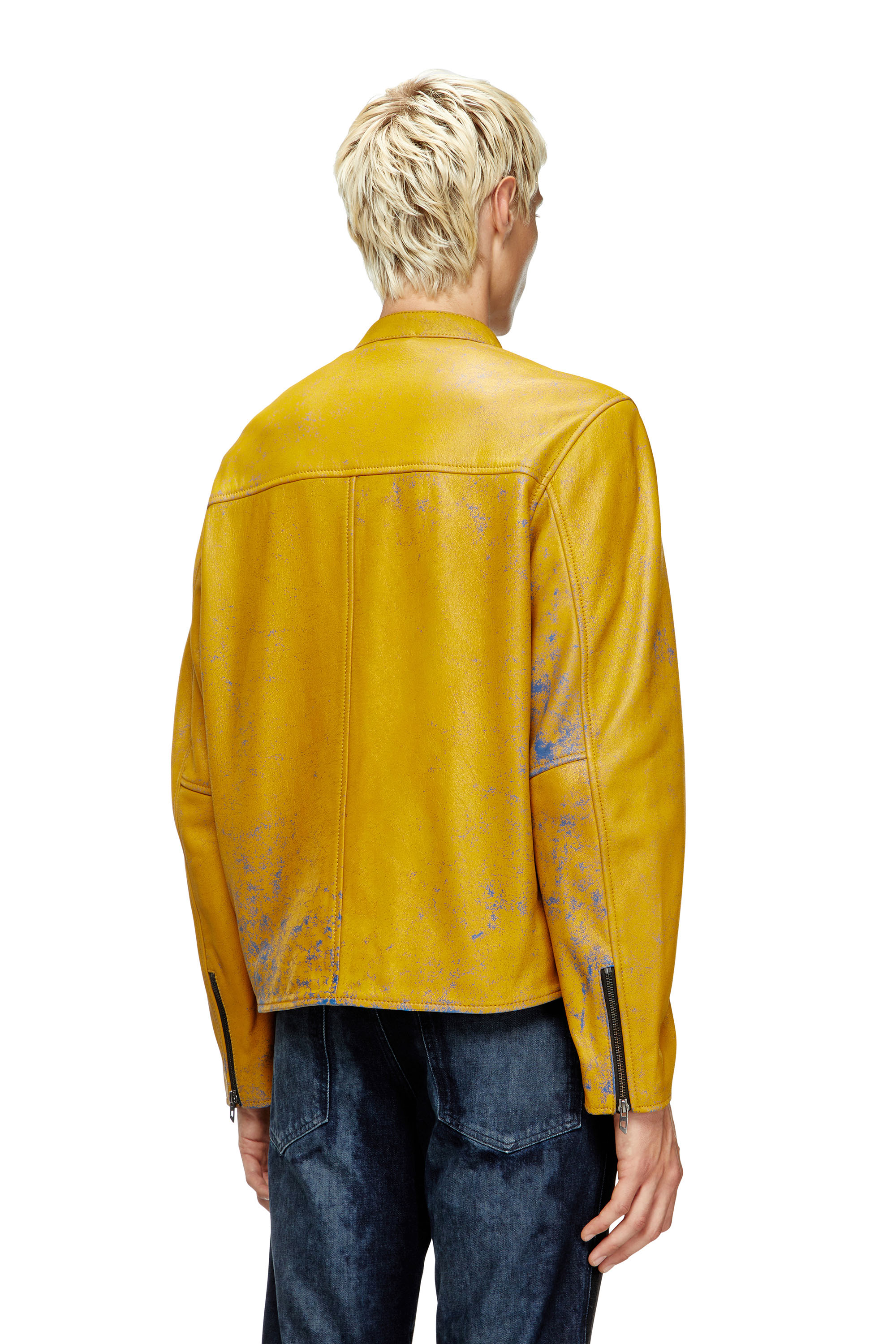 Diesel - L-EVERT-A, Man's Treated leather biker jacket with faded logo in Yellow - 4