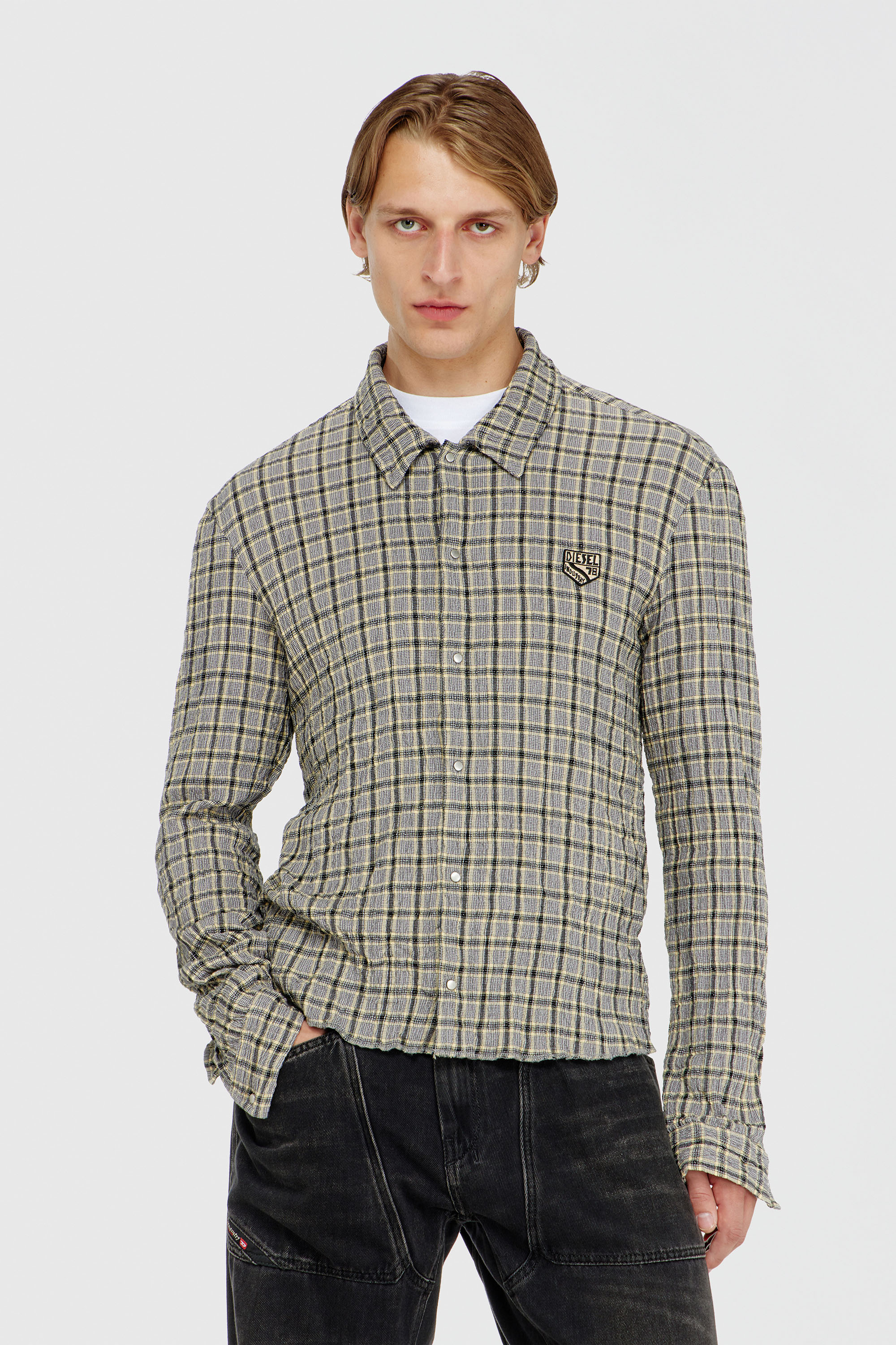 Diesel - S-SEERK, Man's Check shirt with seersucker effect in Green/Grey - 1