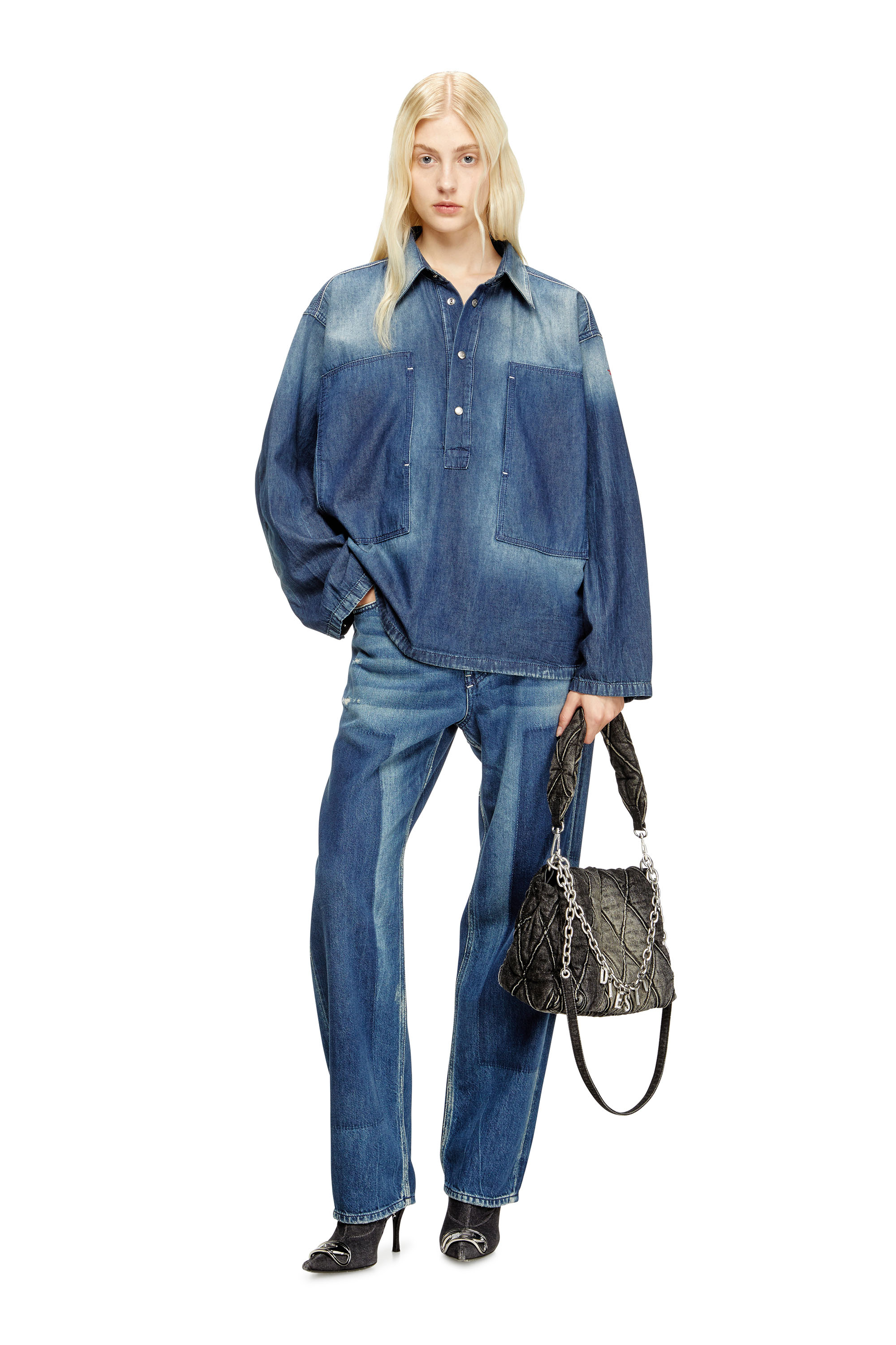 DE-PRISS, Medium blue Diesel - DE-PRISS, Woman's Henley top in contrast-effect denim in Medium blue - 1