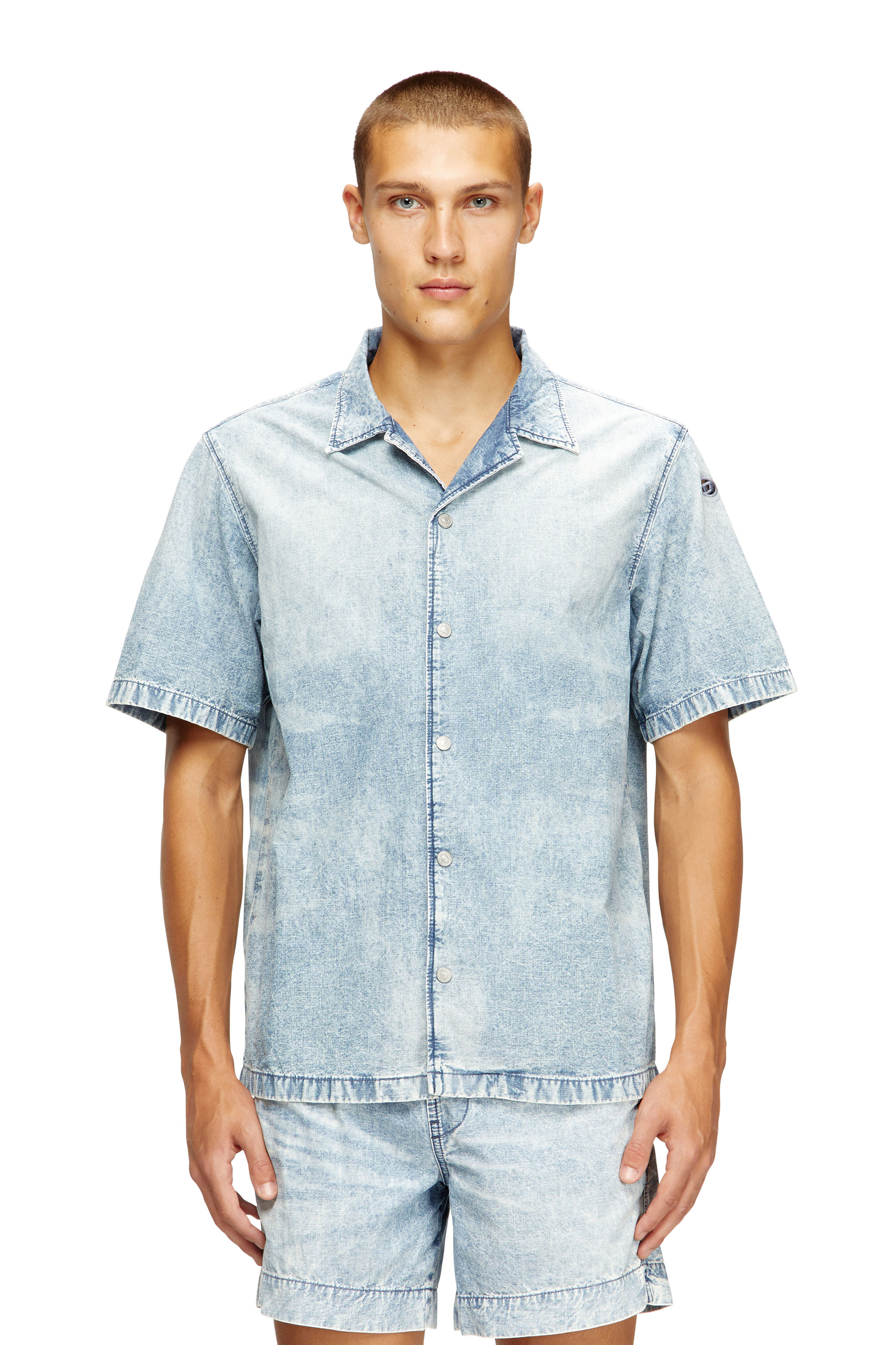 D-NABIL-S4, Light Blue Diesel - D-NABIL-S4, Man's Bowling shirt in marbled denim in Light Blue - 3