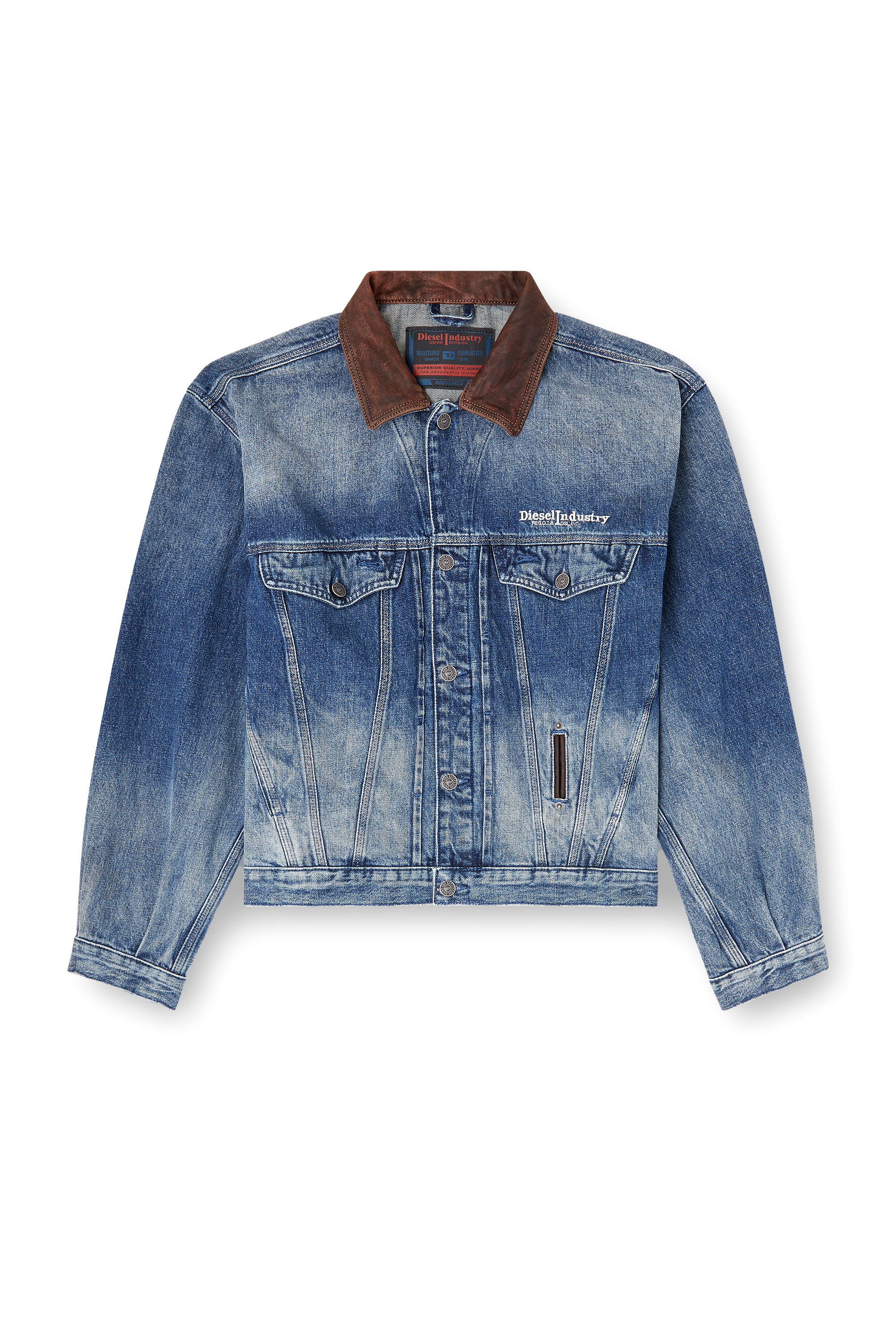 Diesel - D-DENVER-S1, Unisex's Denim trucker jacket with contrast leather trims in Blue - 2
