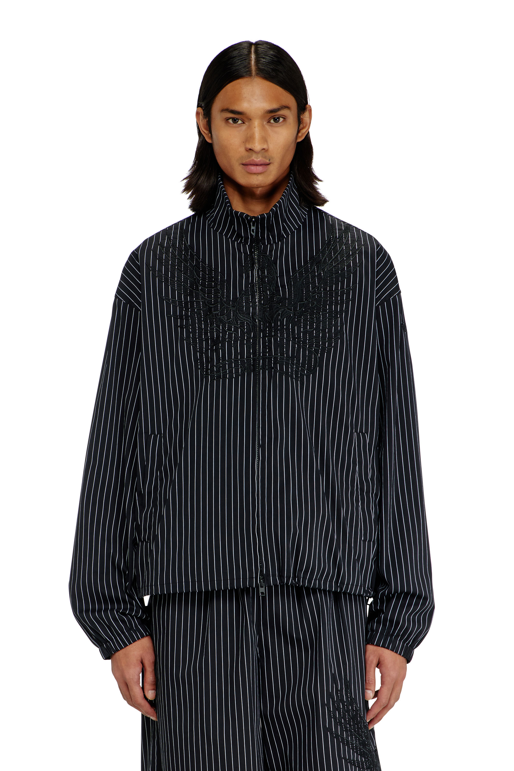 Diesel - J-CORSAR-NJCA, Man's Nylon pinstripe Jacket with Phoenix embroidery in Black - 1