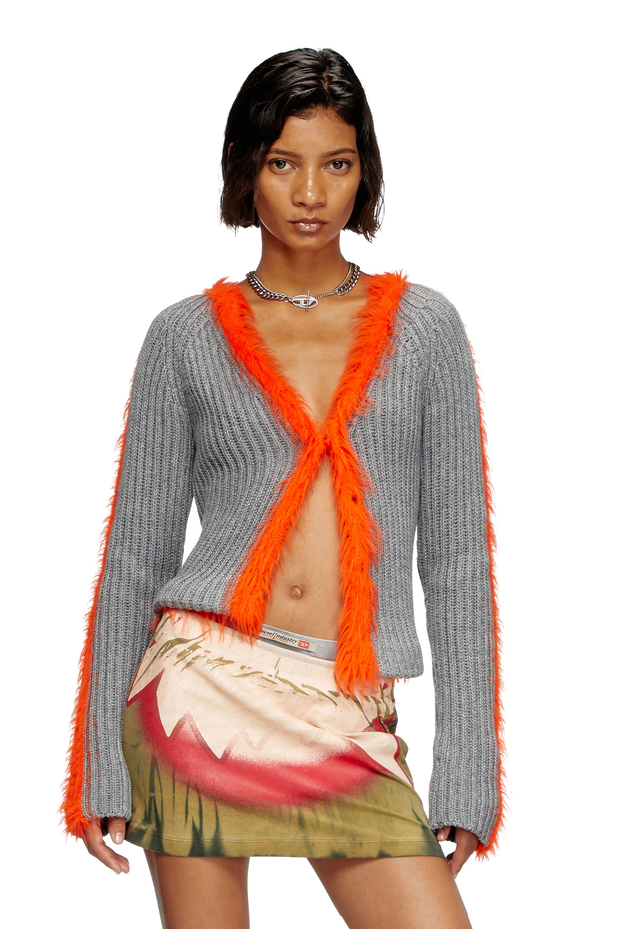 Diesel - M-TANITA, Woman's Ribbed cardigan with fuzzy trims in Grey/Orange - 1