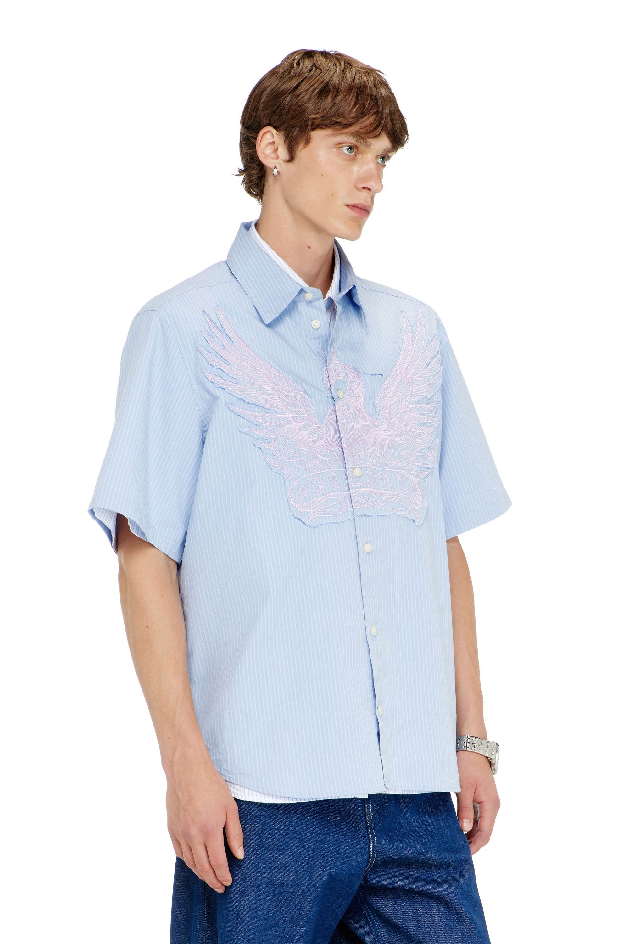 Diesel - S-SIMPLY-SS-AGCZ, Man's Striped poplin shirt with embroidered patch in Light Blue - 1