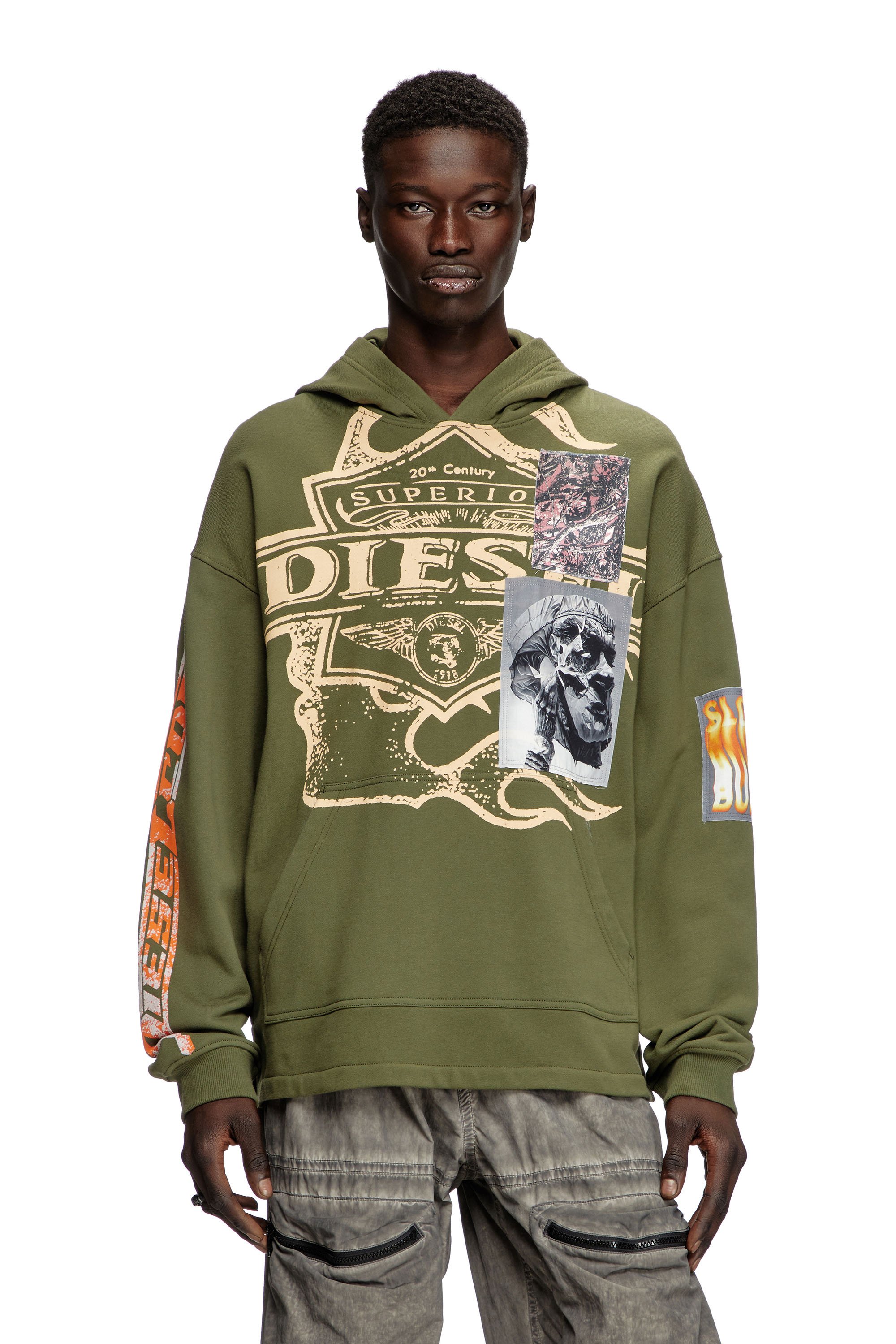 Diesel - S-BAXT-HOOD-R1, Man's Hoodie with prints and logo patches in Olive Green - 1