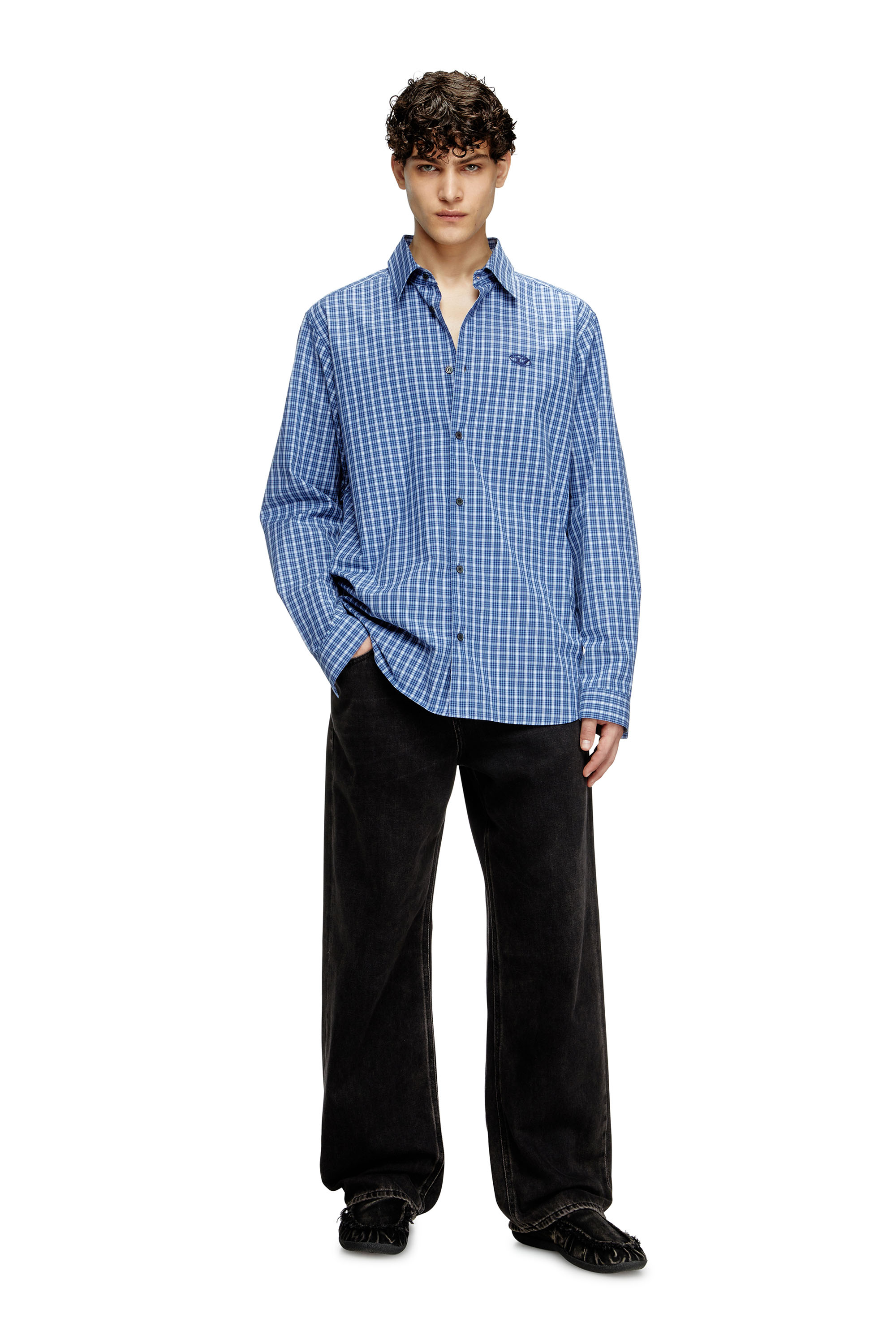 Diesel - S-SIMPLY-DLBV, Man's Checked shirt with Oval D embroidery in Blue/White - 1