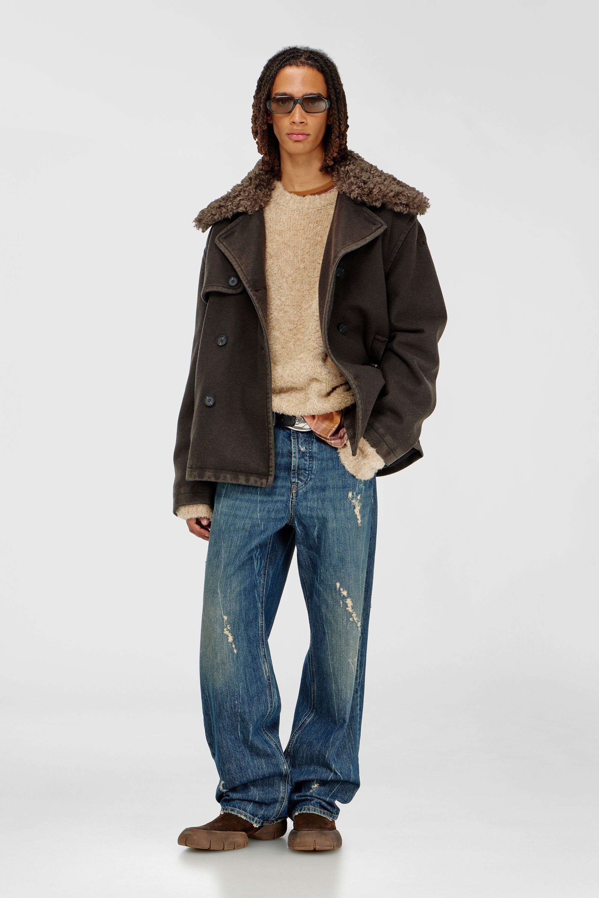 Wool-blend peacoat with detachable collar