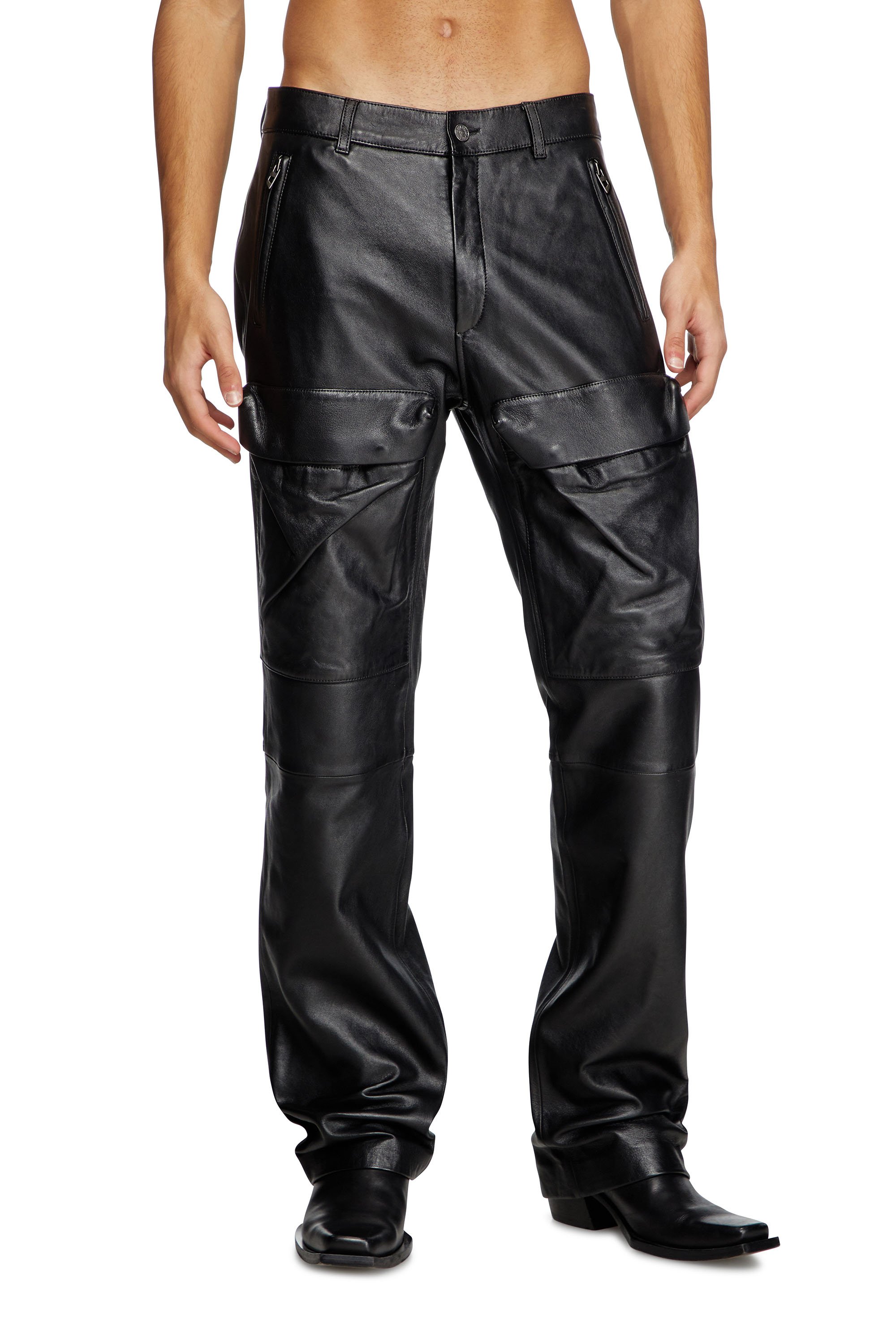 Diesel - P-GAST, Man's Leather pants with utility pockets in Black - 1