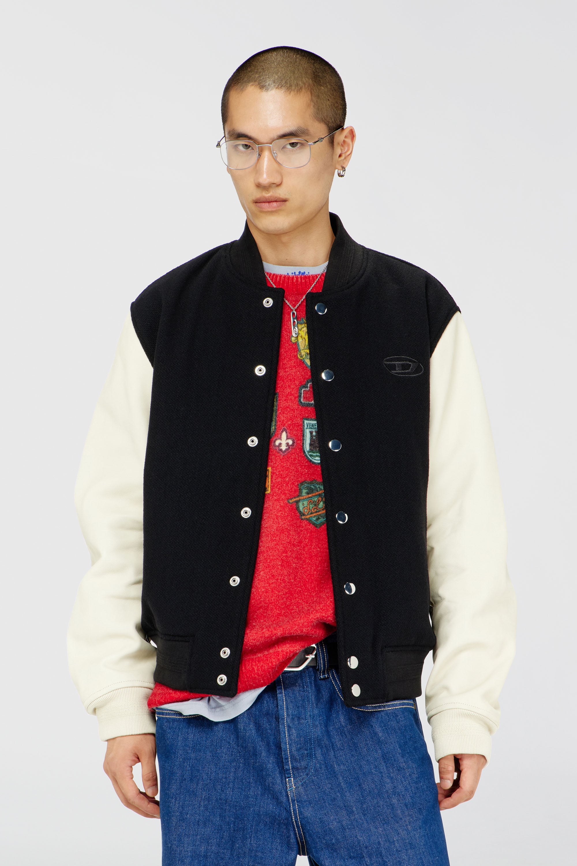 Diesel - L-ARRY-WRD, Man's Bomber jacket in wool blend and leather in Black/White - 1