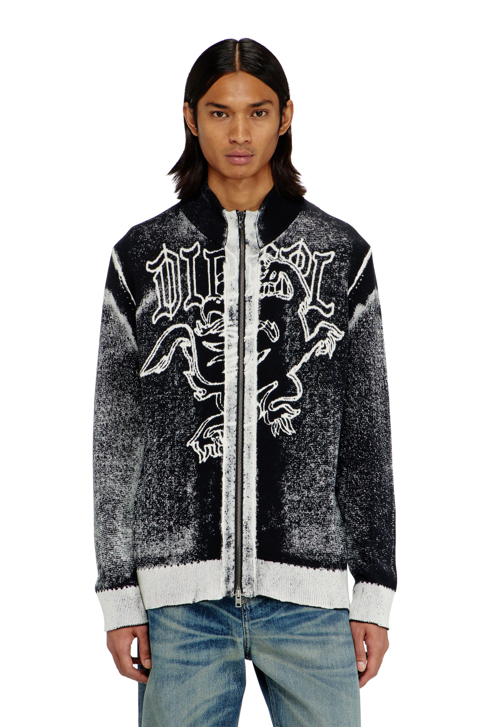 Diesel - K-LAUROS, Man's Treated zip cardigan with griffin motif in Black/White - 1