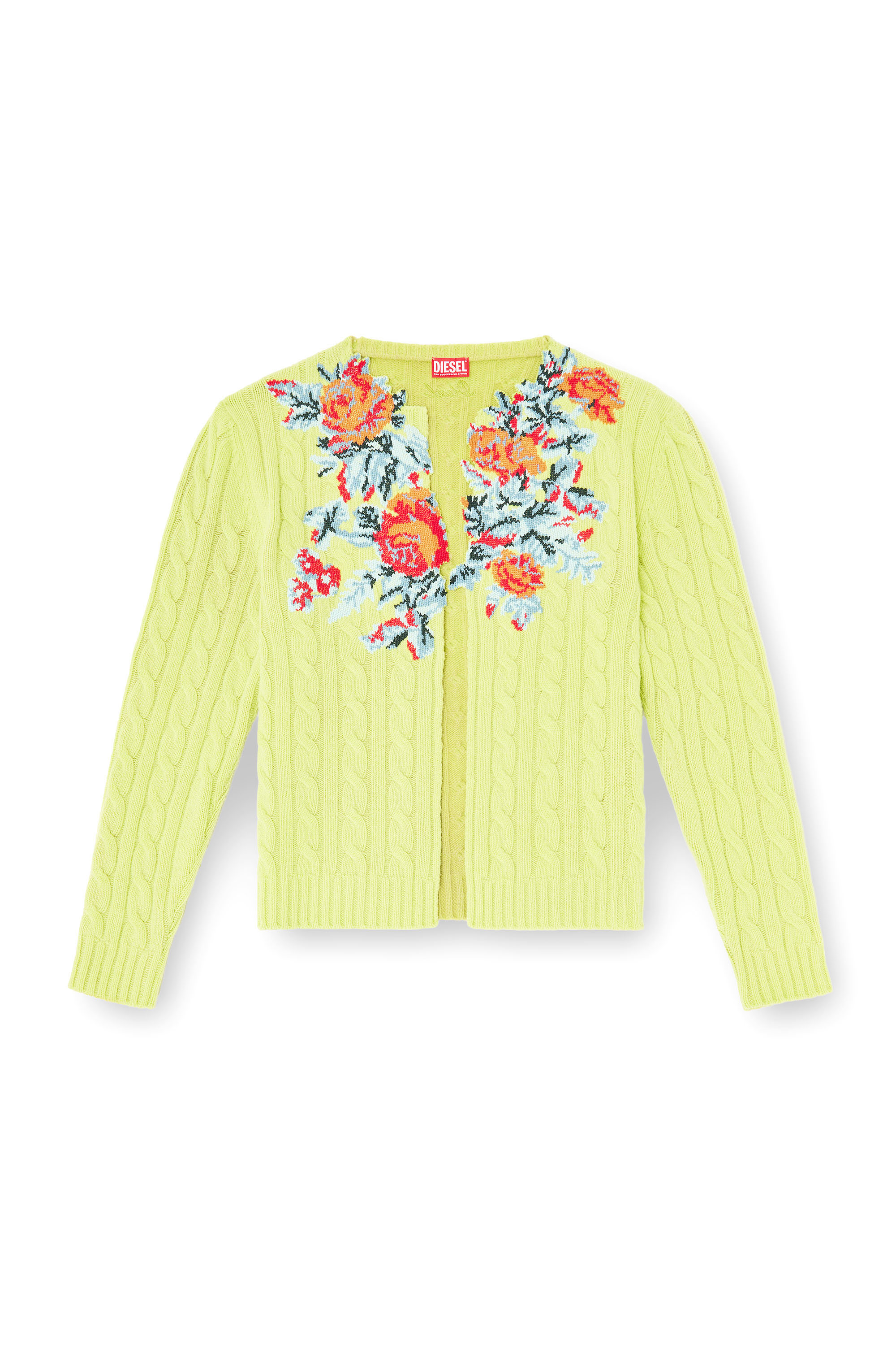 Diesel - K-RINO, Man's Open-front cardigan in floral cable knit in Green Fluo - 4