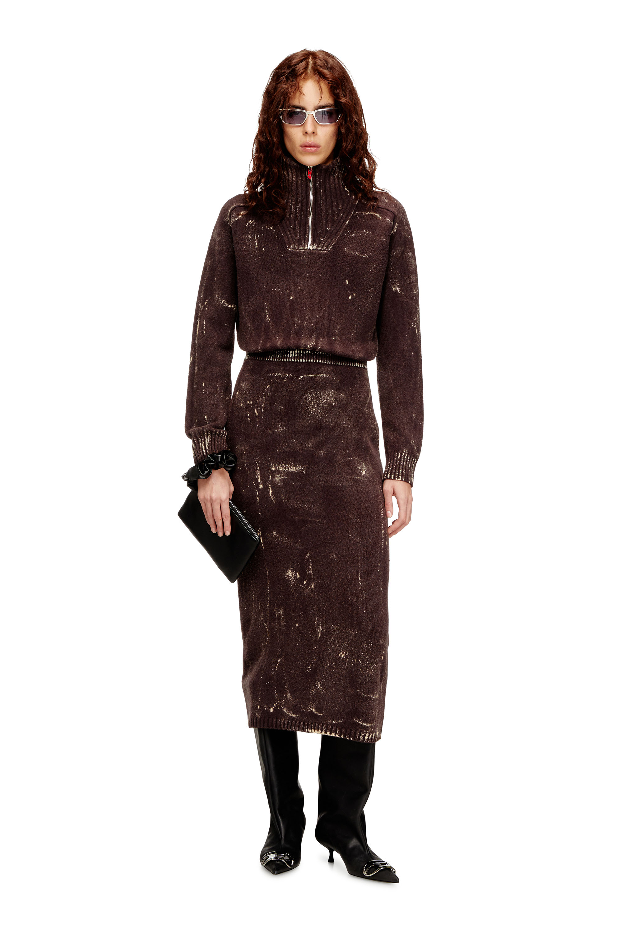 Diesel - M-MARCELLE, Woman's Midi dress in treated wool-blend knit in Brown - 2