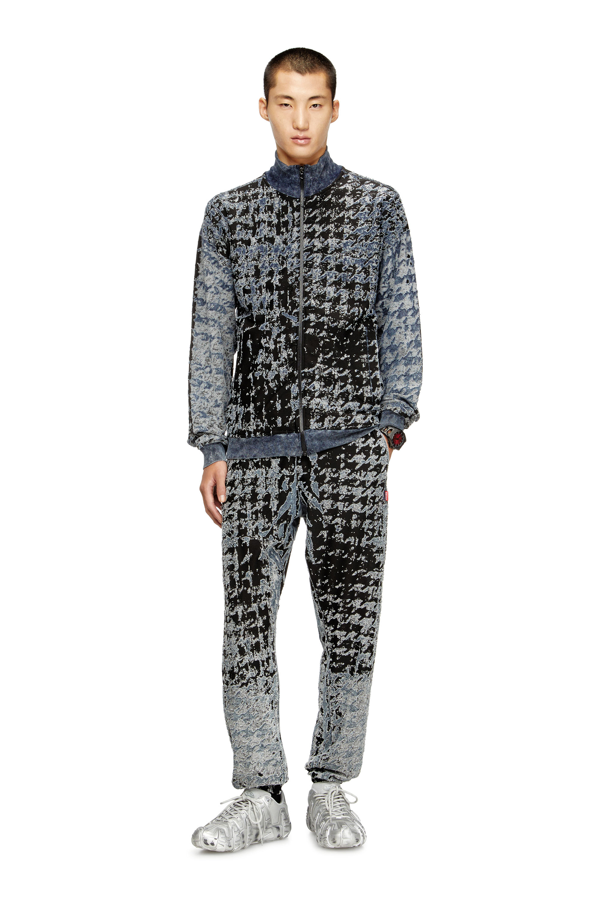 S-CORR, Black/Blue Diesel - S-CORR, Man's Devoré houndstooth zip-up top in Black/Blue - 1