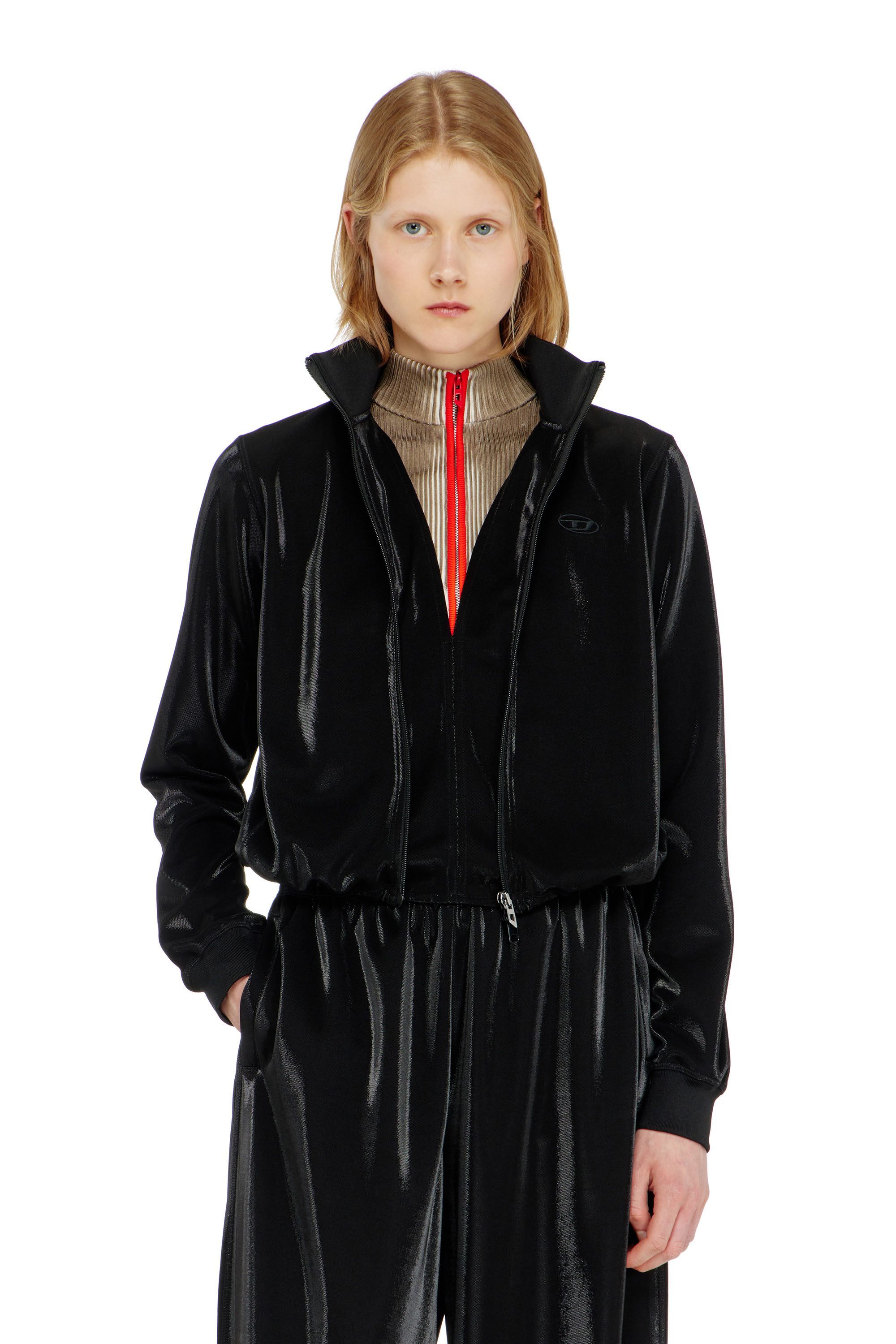 Diesel - F-ROSY, Woman's Zipped sweatshirt with shiny piquet effect in Black - 1