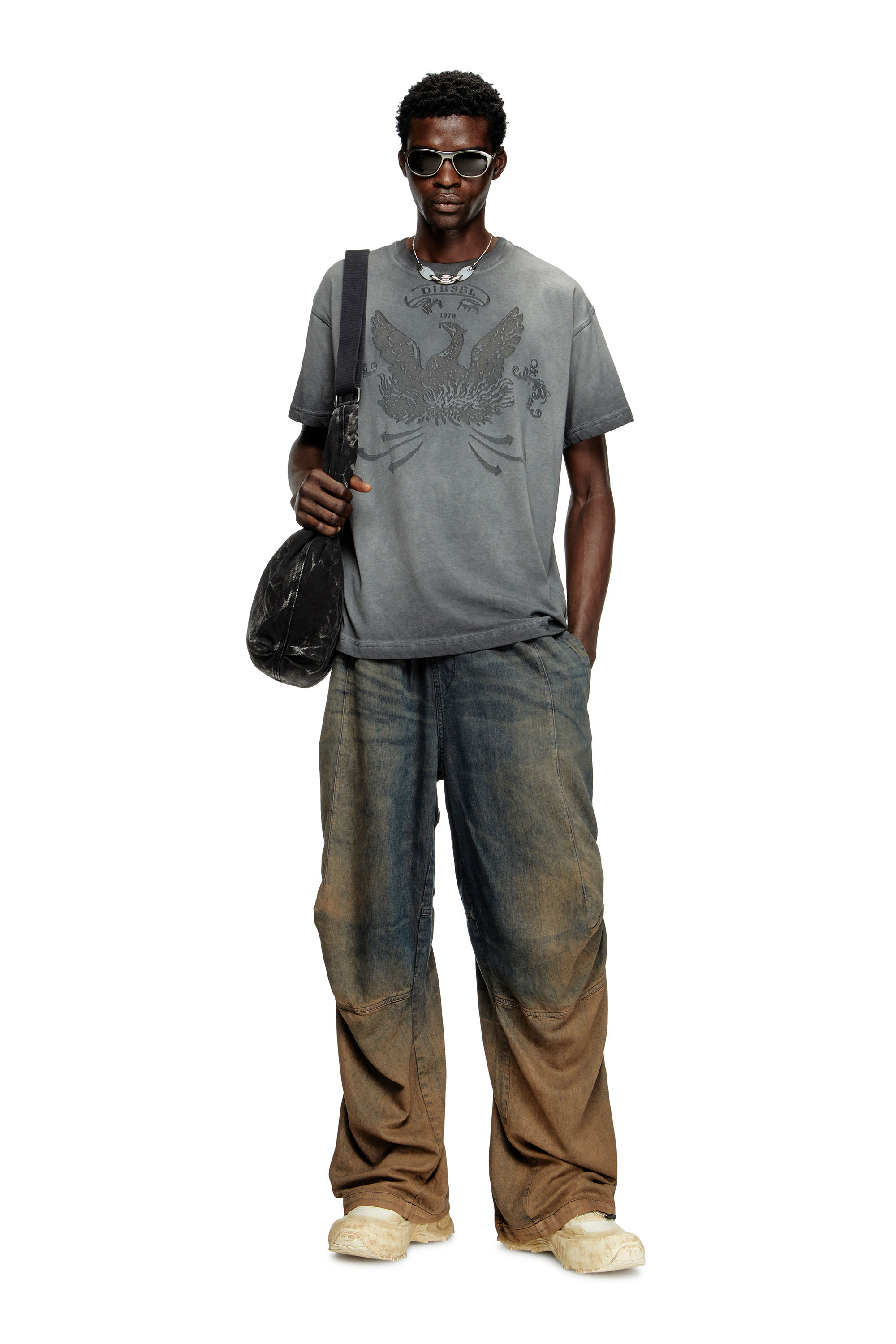T-NORM-T9, Grey Diesel - T-NORM-T9, Man's T-shirt with phoenix devoré in Grey - 1