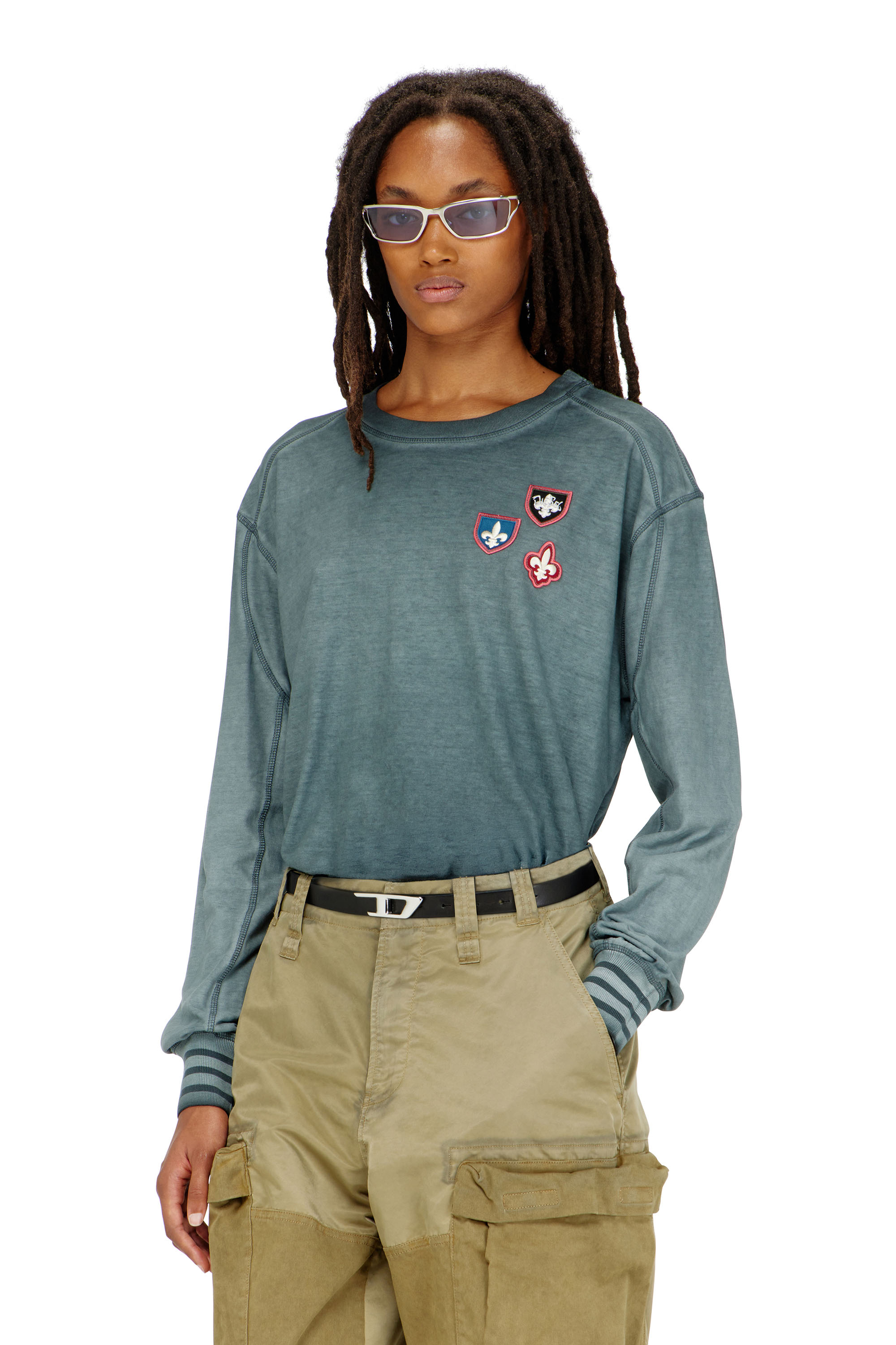 Diesel - T-BAWYE-LS, Woman's T-shirt with patches and microwaffle inserts in Blue - 1