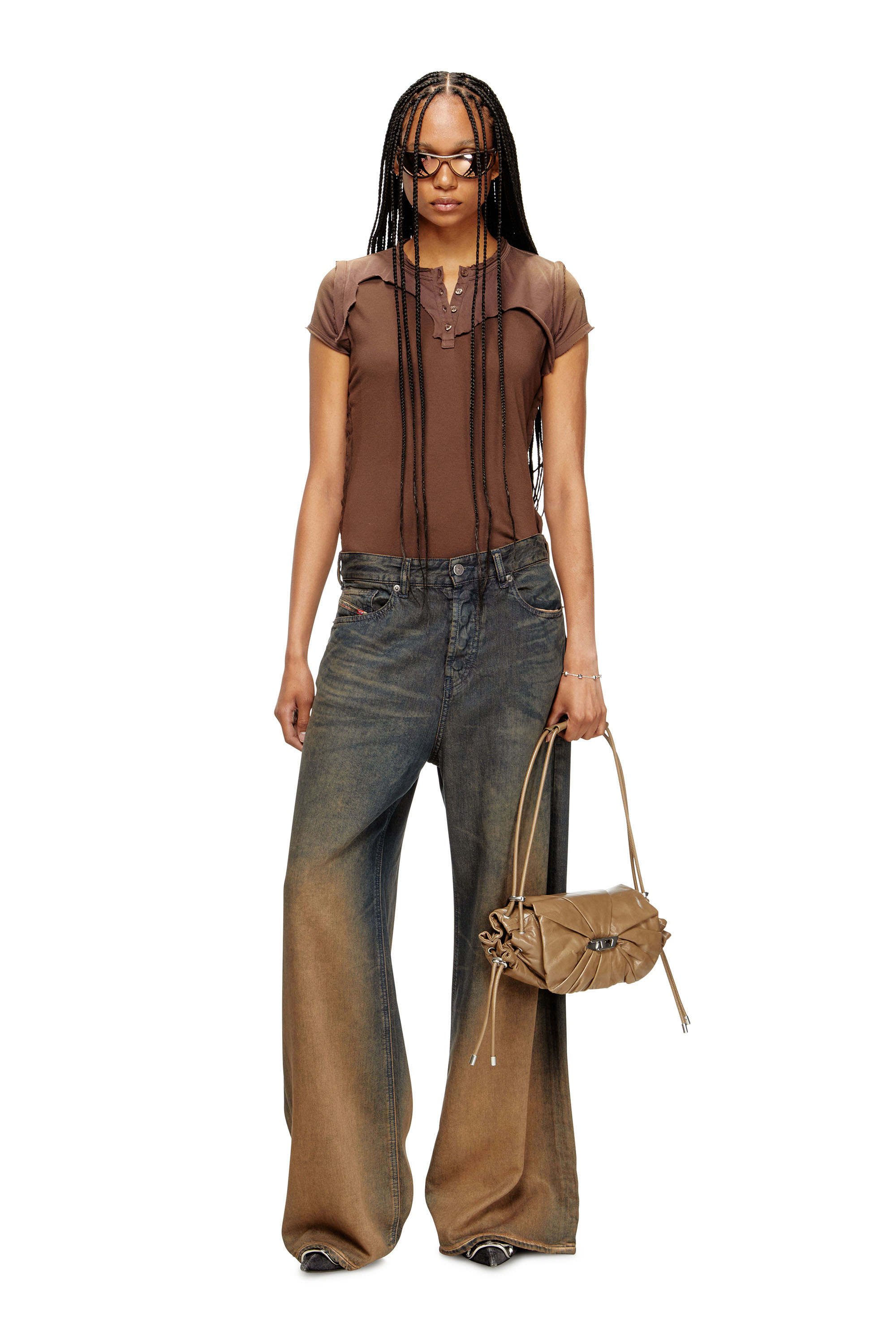 Diesel - T-UNRAWY, Woman's Henley T-shirt with peel-off effect in Brown - 1