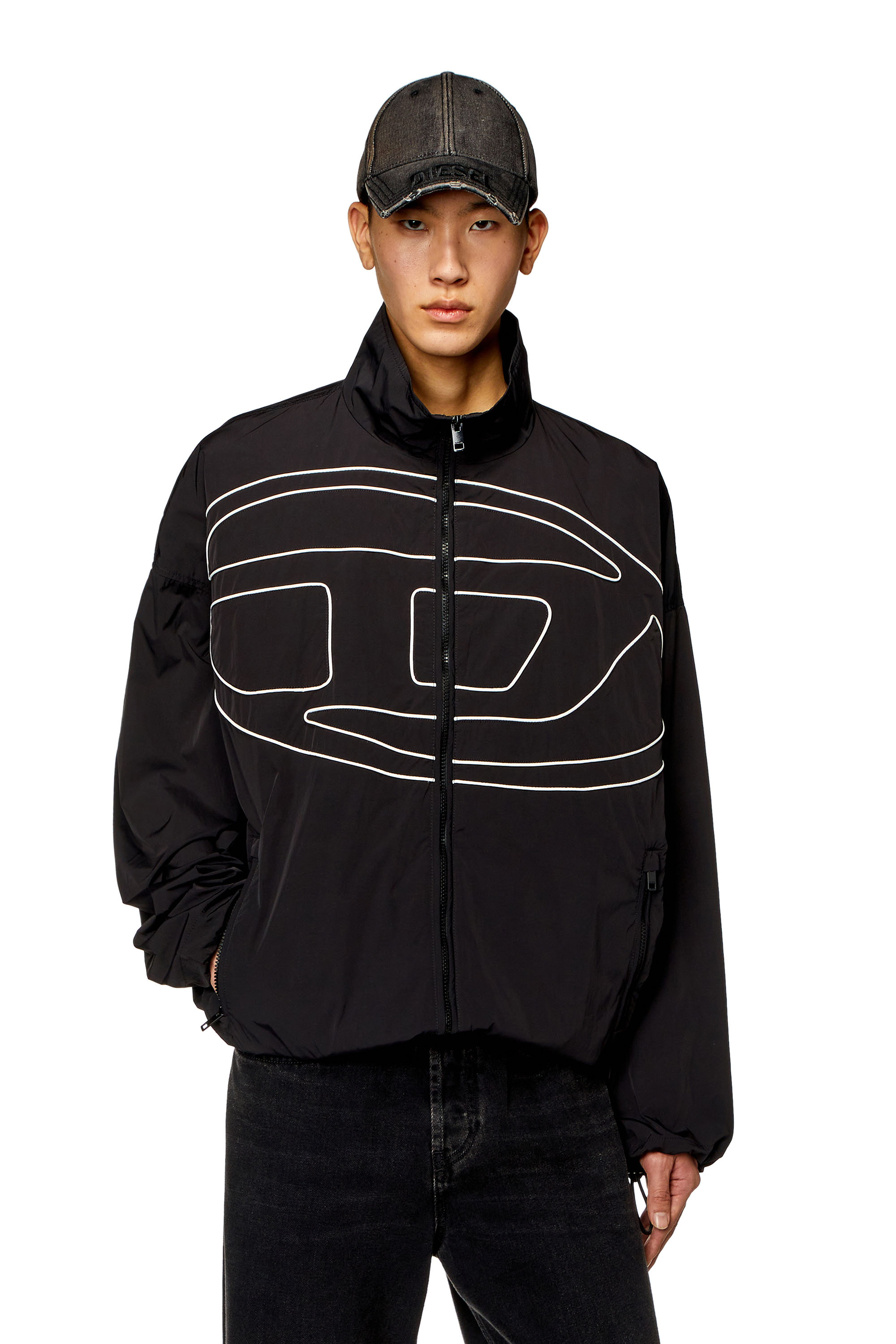 Diesel - J-VATEL, Man Taslan jacket with piped Oval D in Black - Image 1