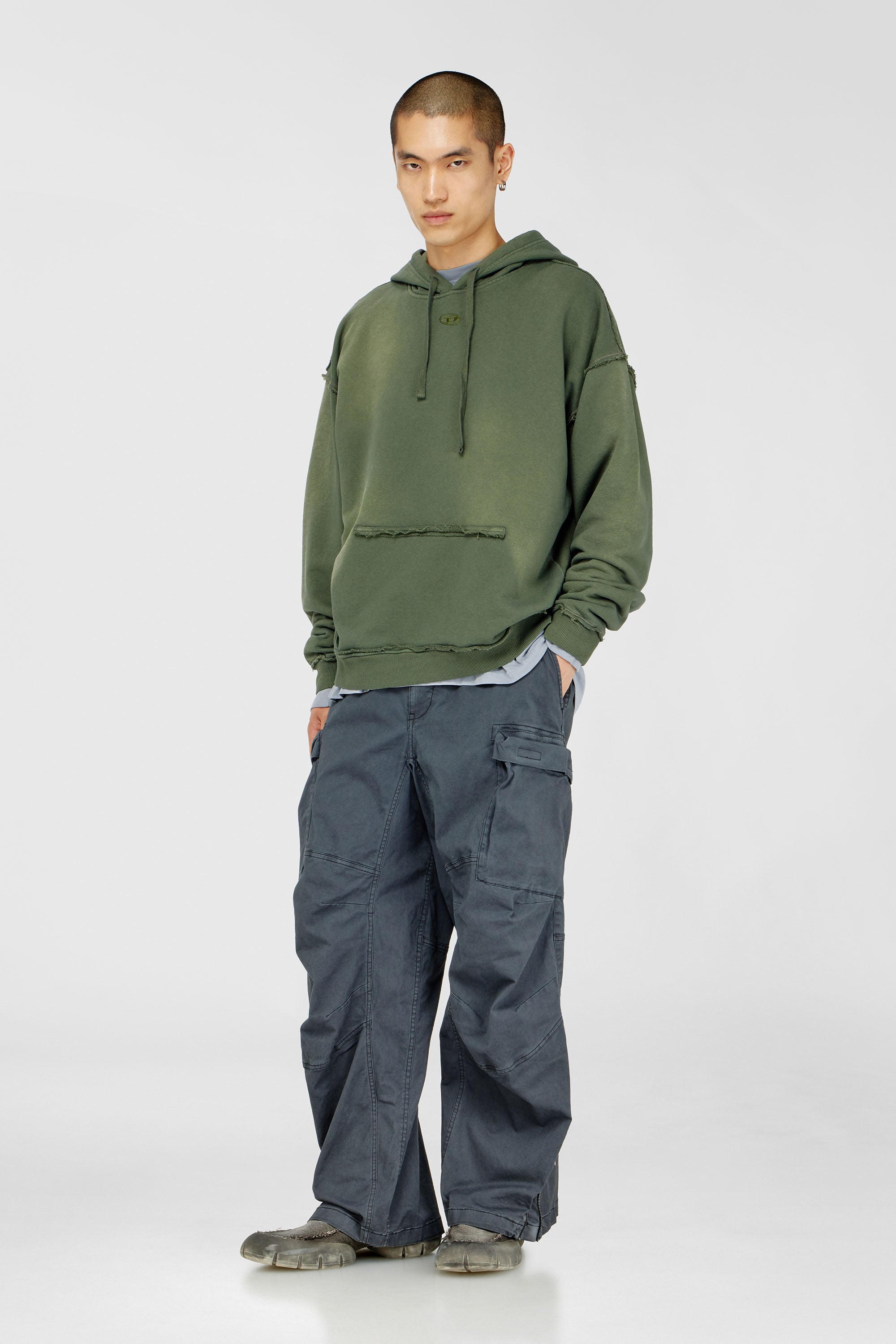 Diesel - S-POCK-HOOD, Man's Faded cotton hoodie with frayed details in Military Green - 2